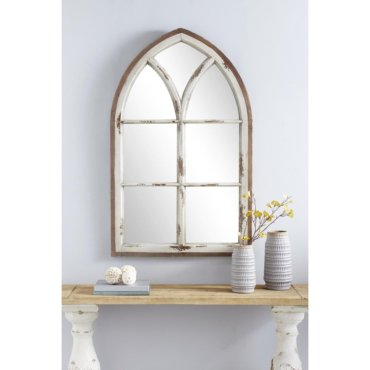 Wood Window Pane Inspired Room Wall Mirror with Arched Top and Distressing - White - Roche River Decor