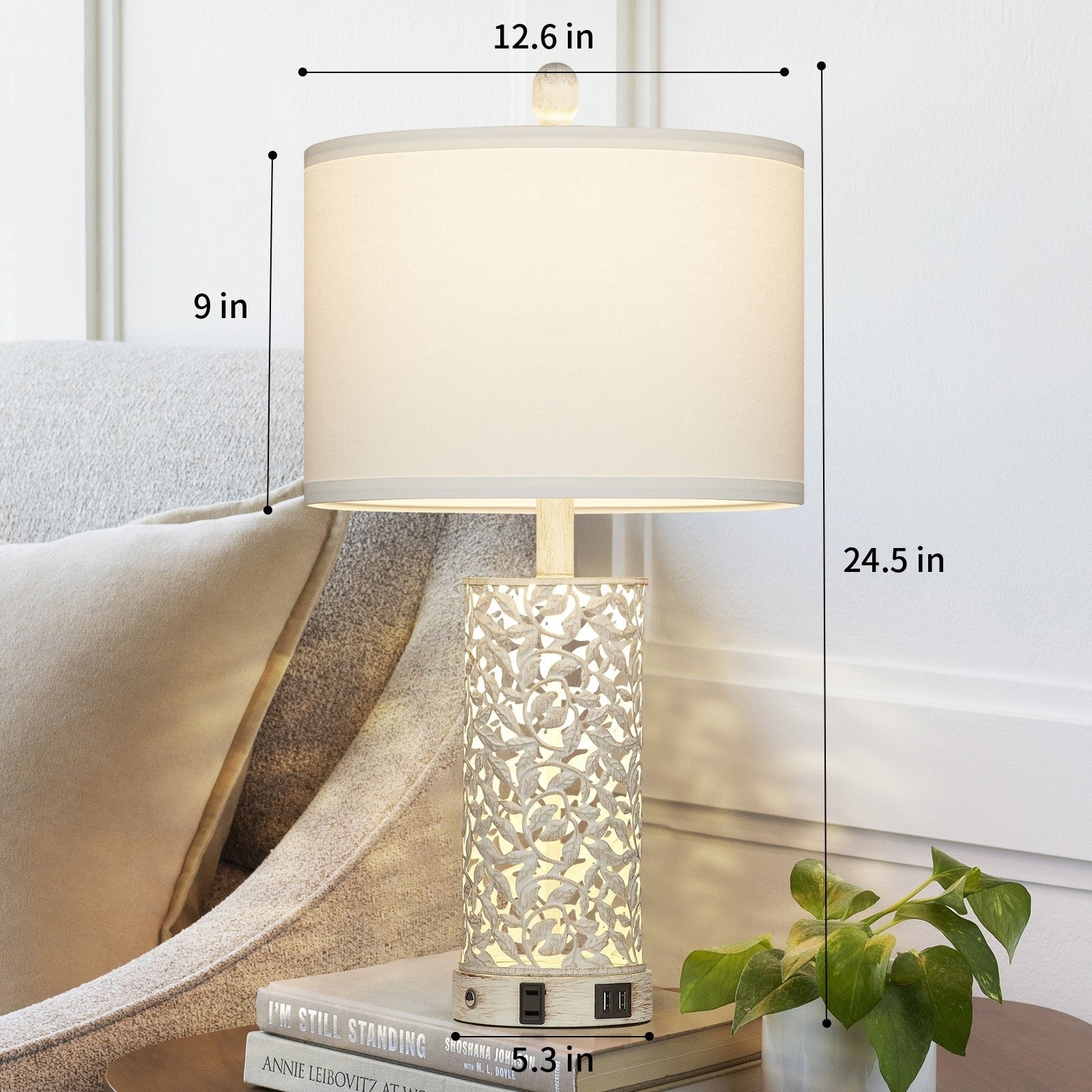 Table Lamps Nightlight 2in1 White with Gold Metal USB Ports AC Outlet Touch Switch(Set of 2)