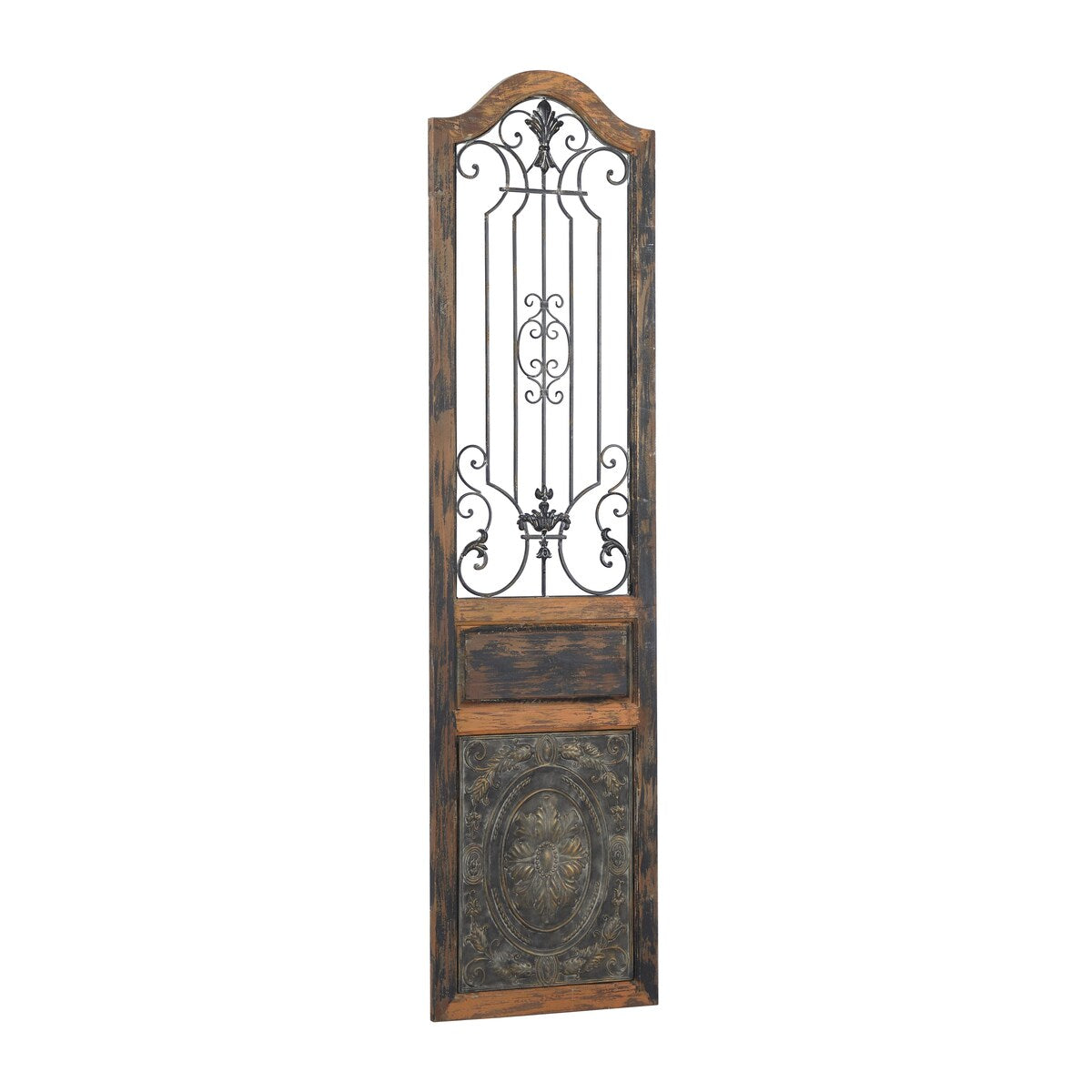 Wood Scroll Distressed Door Inspired Ornamental Home Wall Decor with Metal Wire Details - Brown - Roche River Decor