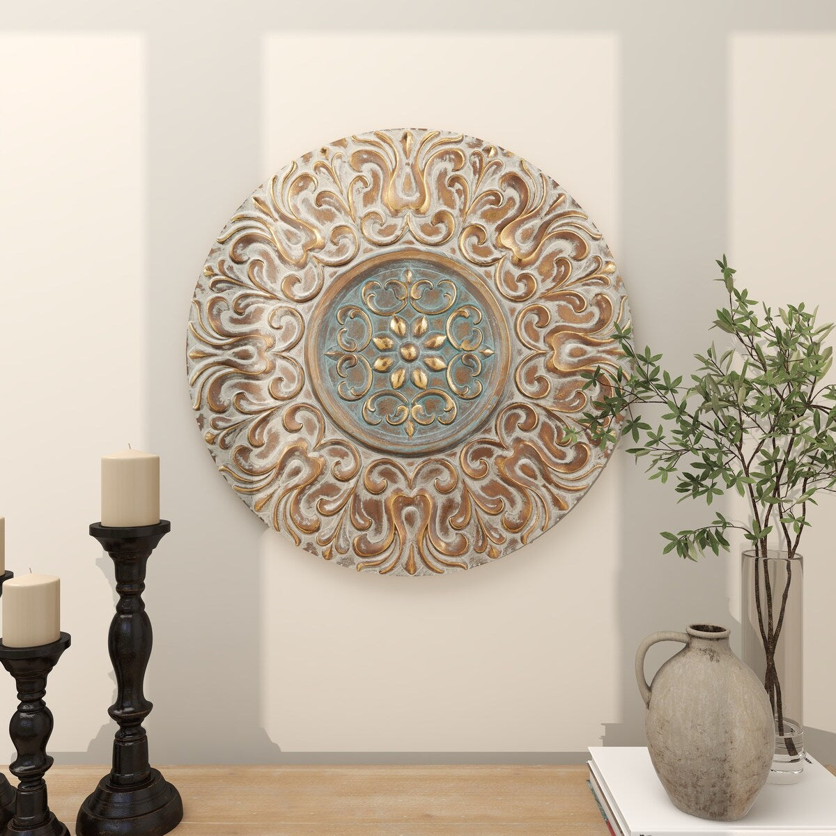 Metal Plate Home Wall Decor with Embossed Details - Gold - Roche River Decor