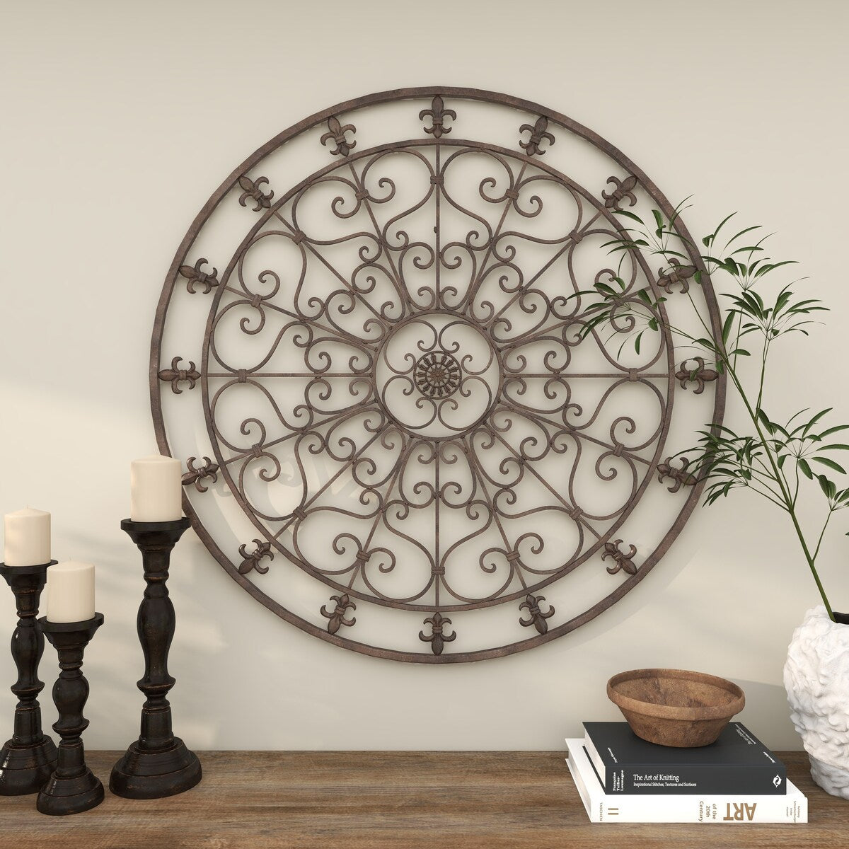 Metal Fleur De Lis Circle Home Wall Decor with Scrollwork - Black - Roche River Decor