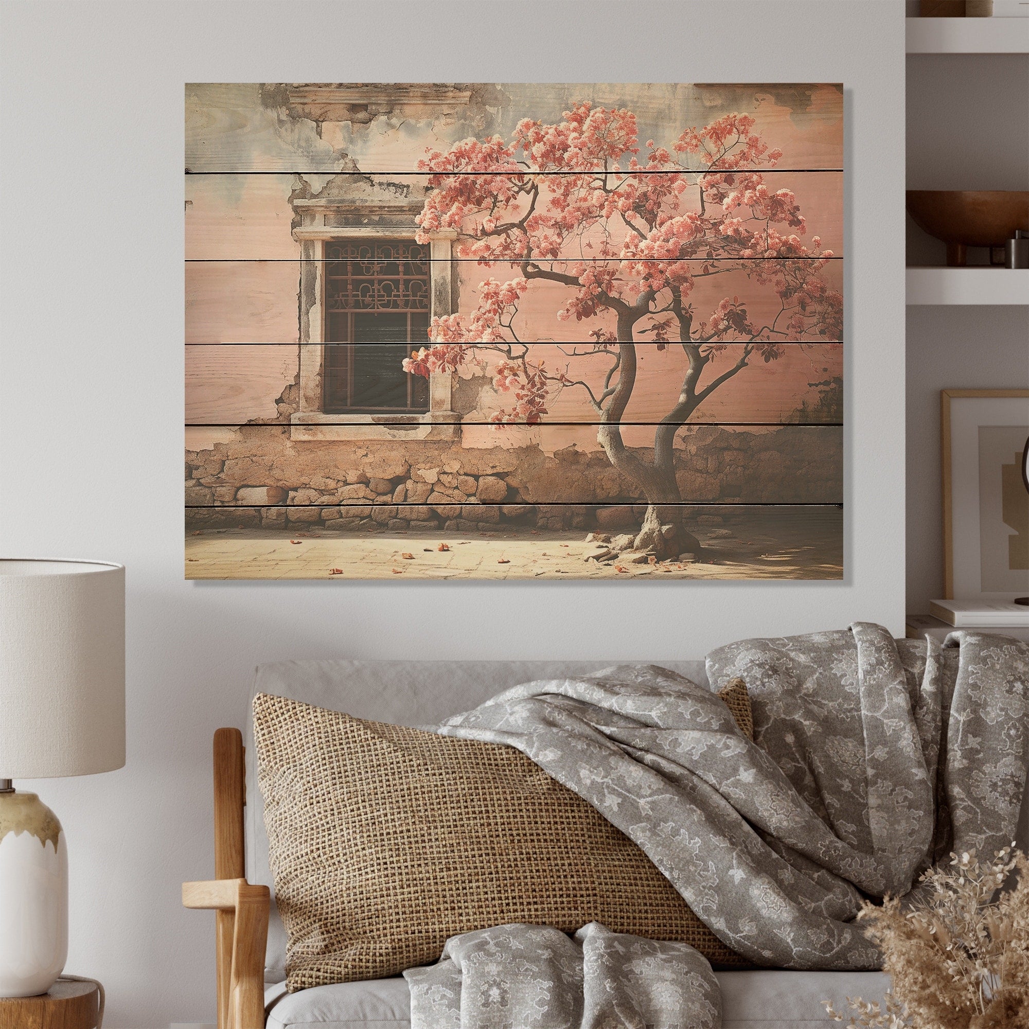 Designart Pink Tree Photography Simplicity Tree Wood Wall Decor - Modern Pink Wood Panel On Natural Pine Wood