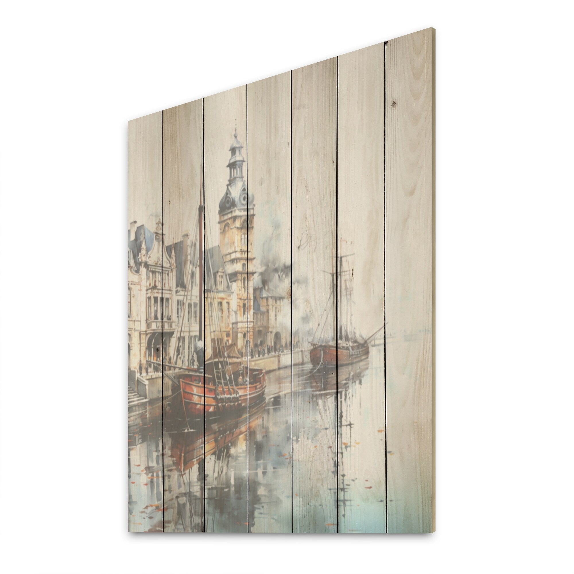 Designart Old Shipping Boat At The Port I Coastal Port Wood Wall Decor - Traditional Wood Panel On Natural Pine Wood