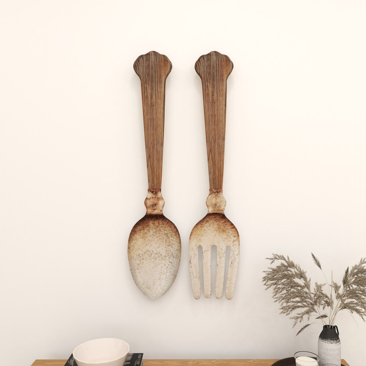 Metal Utensils Spoon and Fork Home Wall Decor - Set of 2 Brown - Roche River Decor