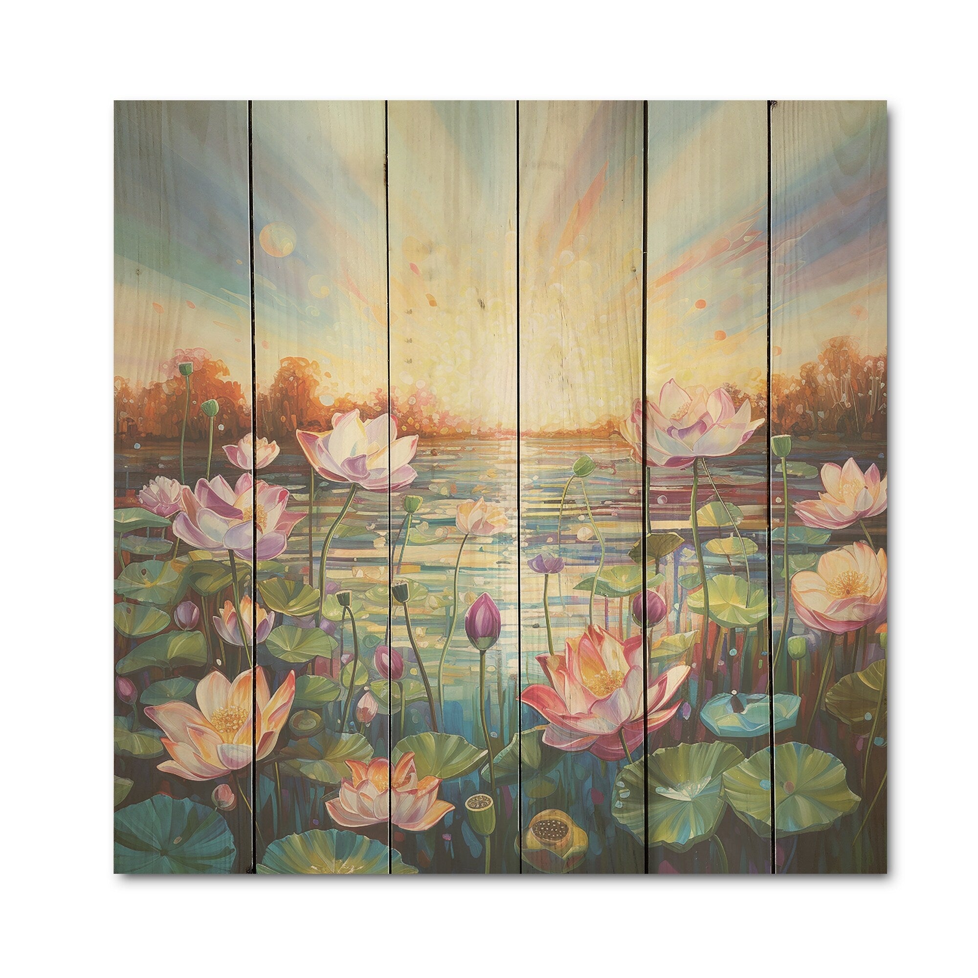 Designart By The Lake Lotus Liquid Art I Lotus Wood Wall Decor - Modern Pink Wood Panel On Natural Pine Wood