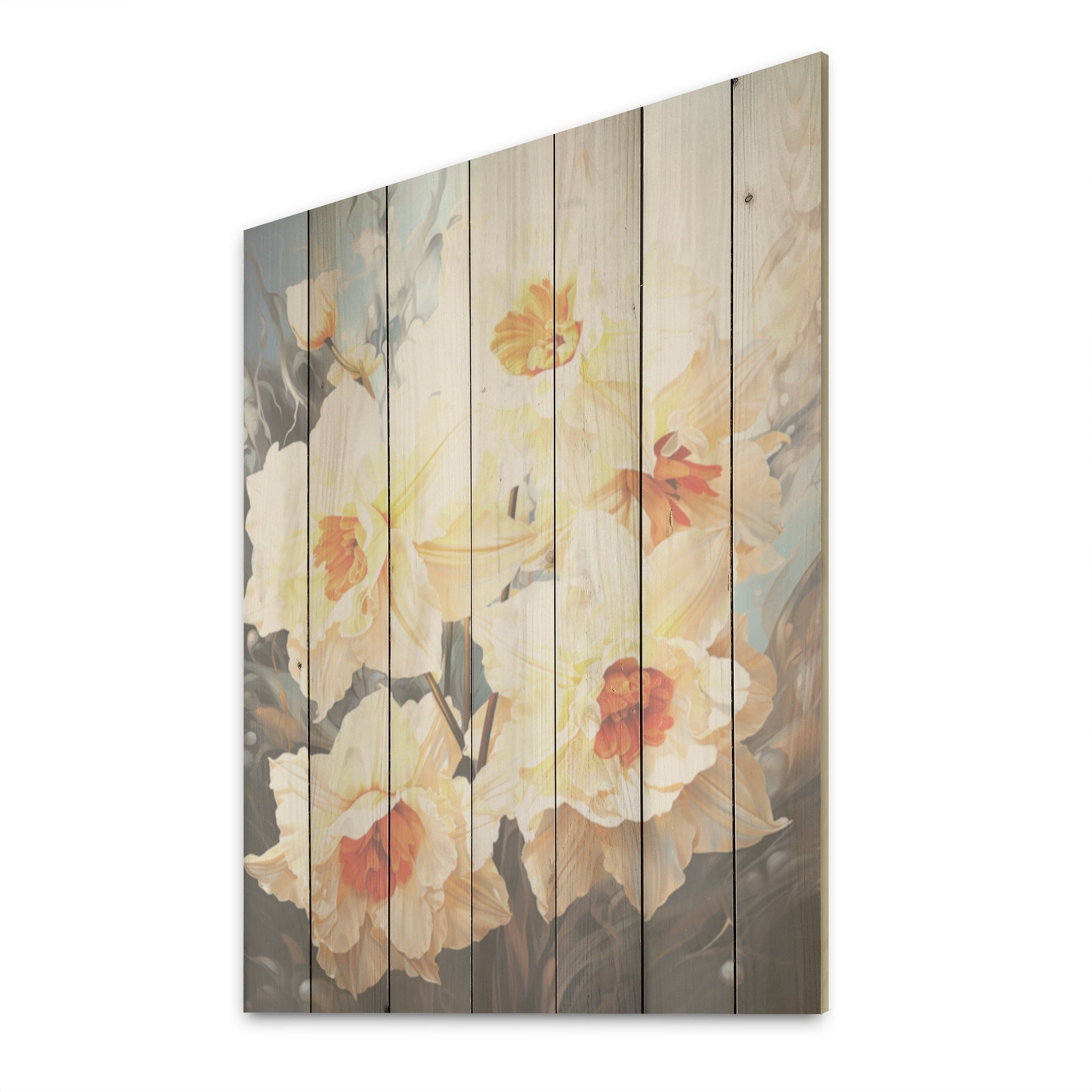 Designart Orange And White Bouquet Of Daffodils Daffodils Wood Wall Decor - Orange Wood Panel On Natural Pine Wood