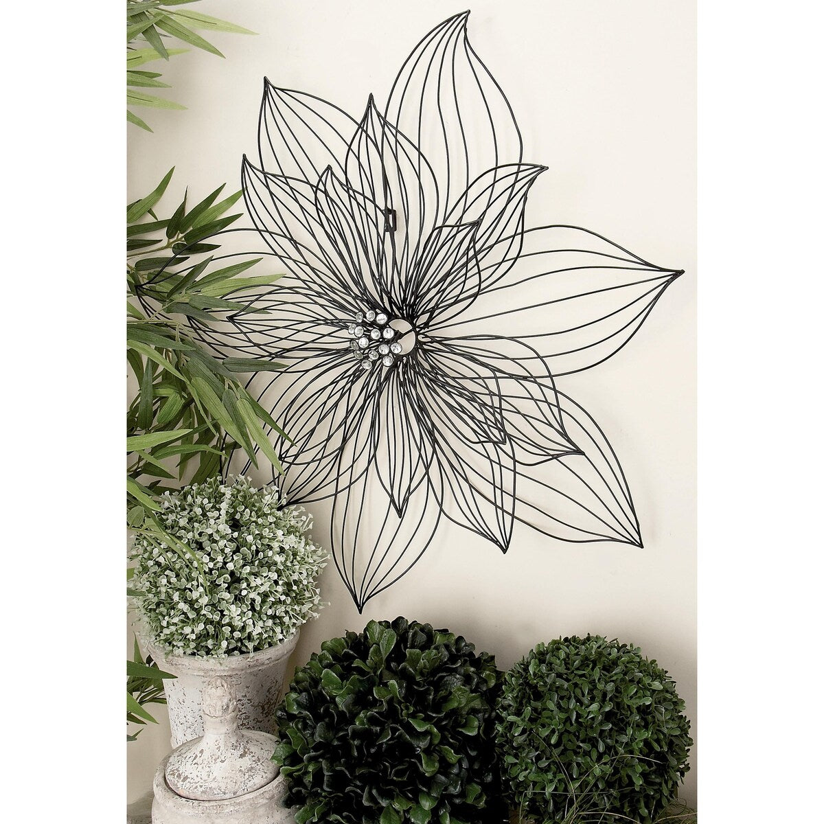 Metal Floral 3D Wire Home Wall Decor with Crystal Embellishments - Black - Roche River Decor