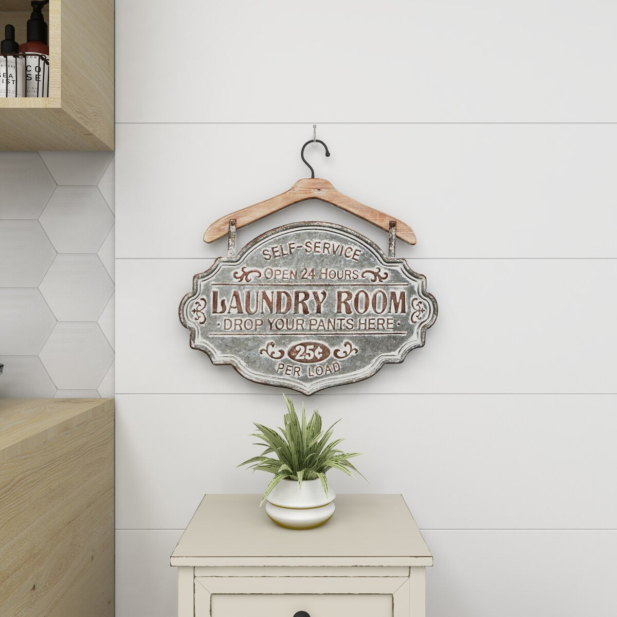 Metal Sign Laundry Room Home Wall Decor with Brown Wood Hanger - Gray - Roche River Decor