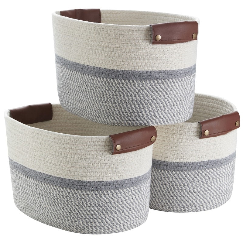 3 Pack Woven Cotton Rope Shelf Storage Basket with Leather Handles, Baby Nursery Storage Bin Organizers, Closet Shelf Storage