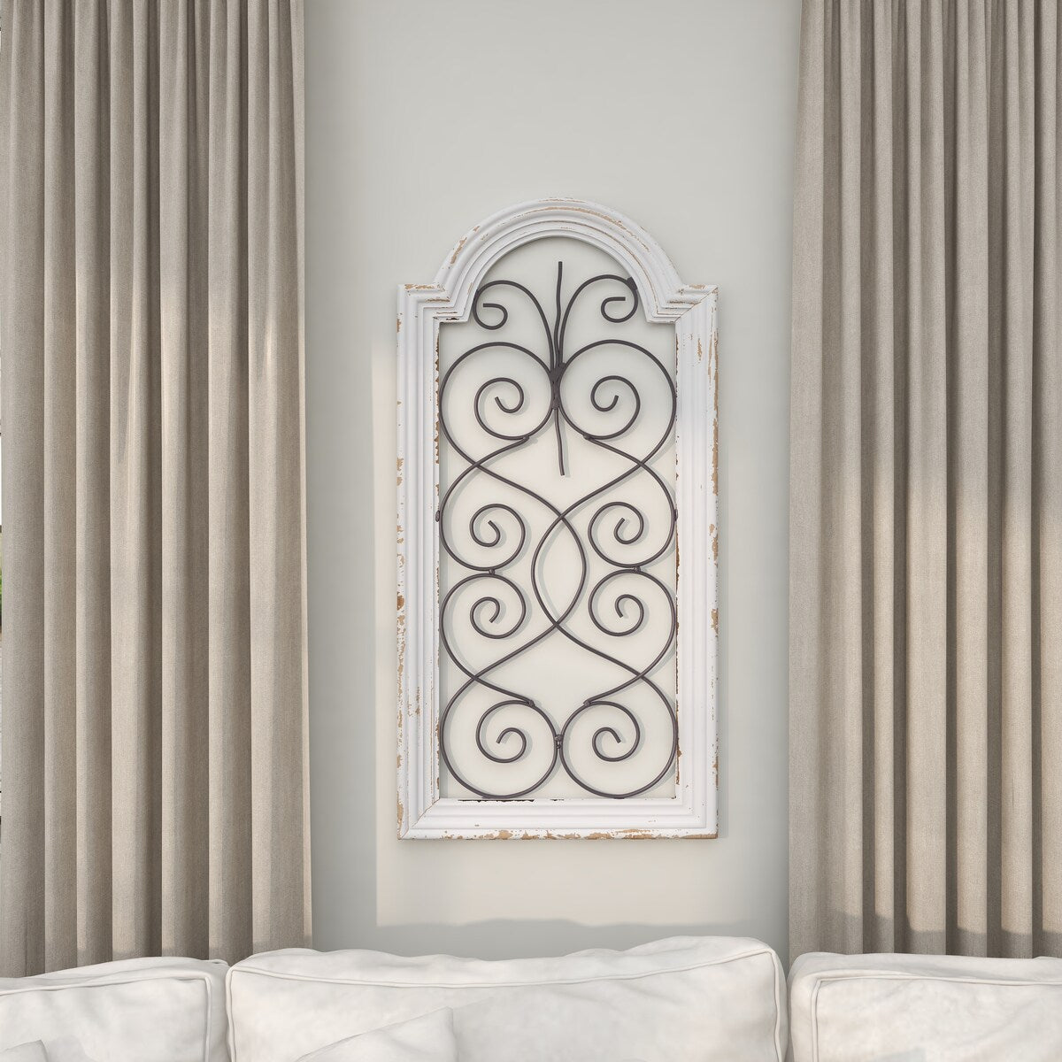 Wood Scroll Arched Window Inspired Home Wall Decor with Metal Scrollwork Relief - White - Roche River Decor