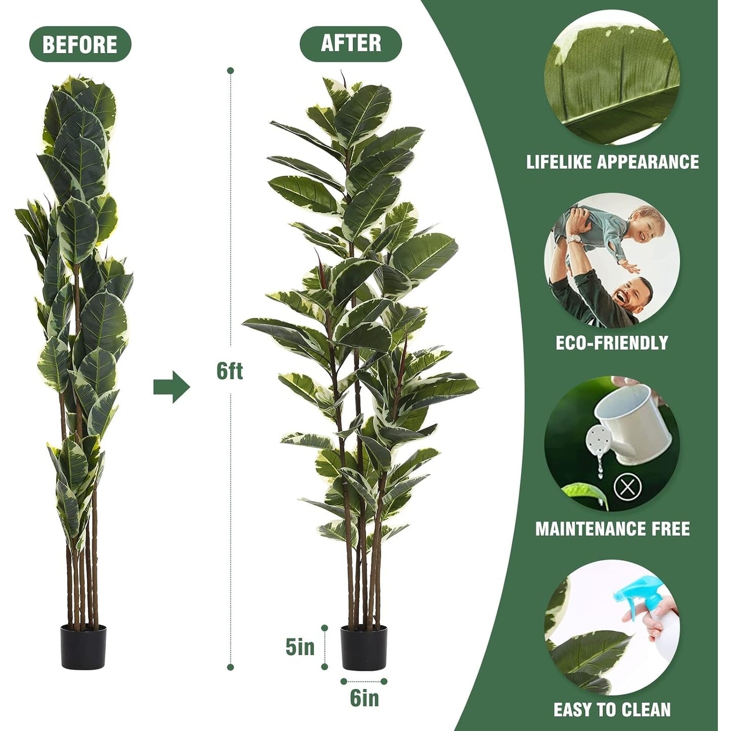 Artificial Rubber Tree Plant 6ft Tall Faux Ficus Tree