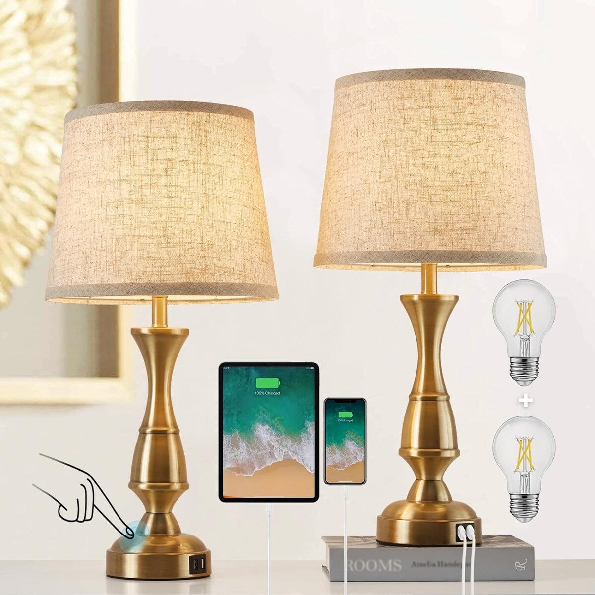 Table Lamps with 2 USB Charging Ports, 3 Ways Dimmable Touch Control Nightstand Bedside Lamps Bedroom Decor