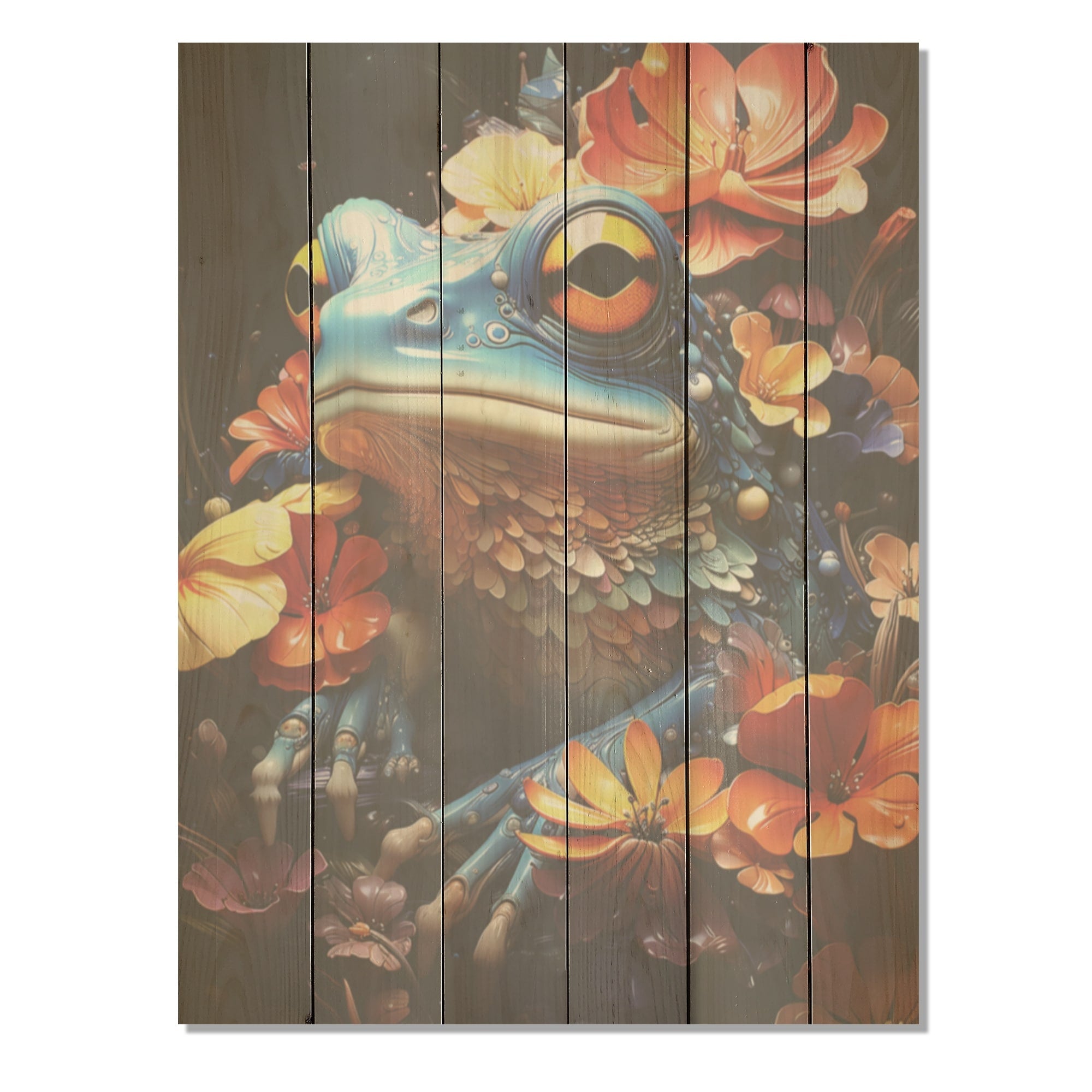 Designart Cosmic Frog Journey Frogs & Toads Wood Wall Decor - Modern Orange Wood Panel On Natural Pine Wood