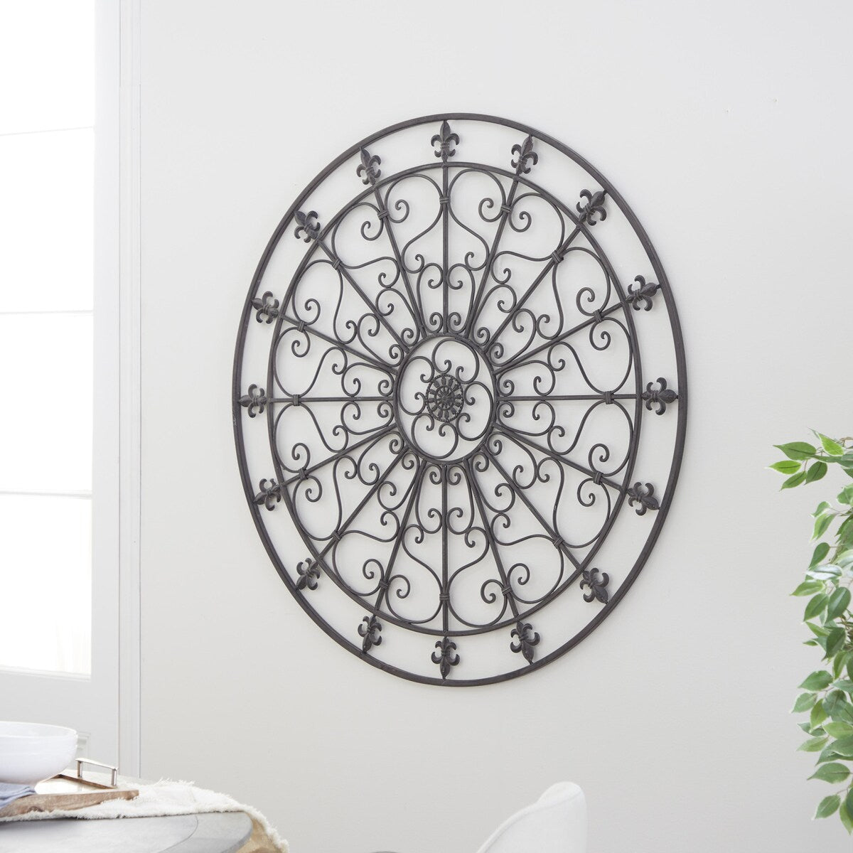 Metal Fleur De Lis Circle Home Wall Decor with Scrollwork - Black - Roche River Decor