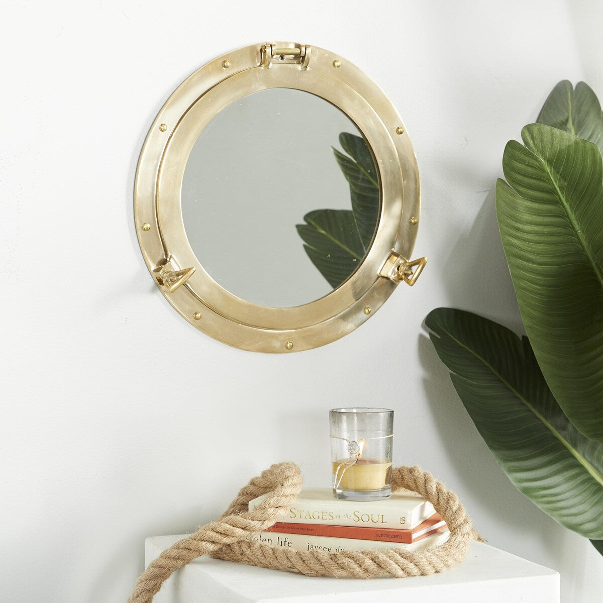 Brass Metal Sail Boat Room Wall Mirror with Port Hole Detailing - Gold - The Novogratz