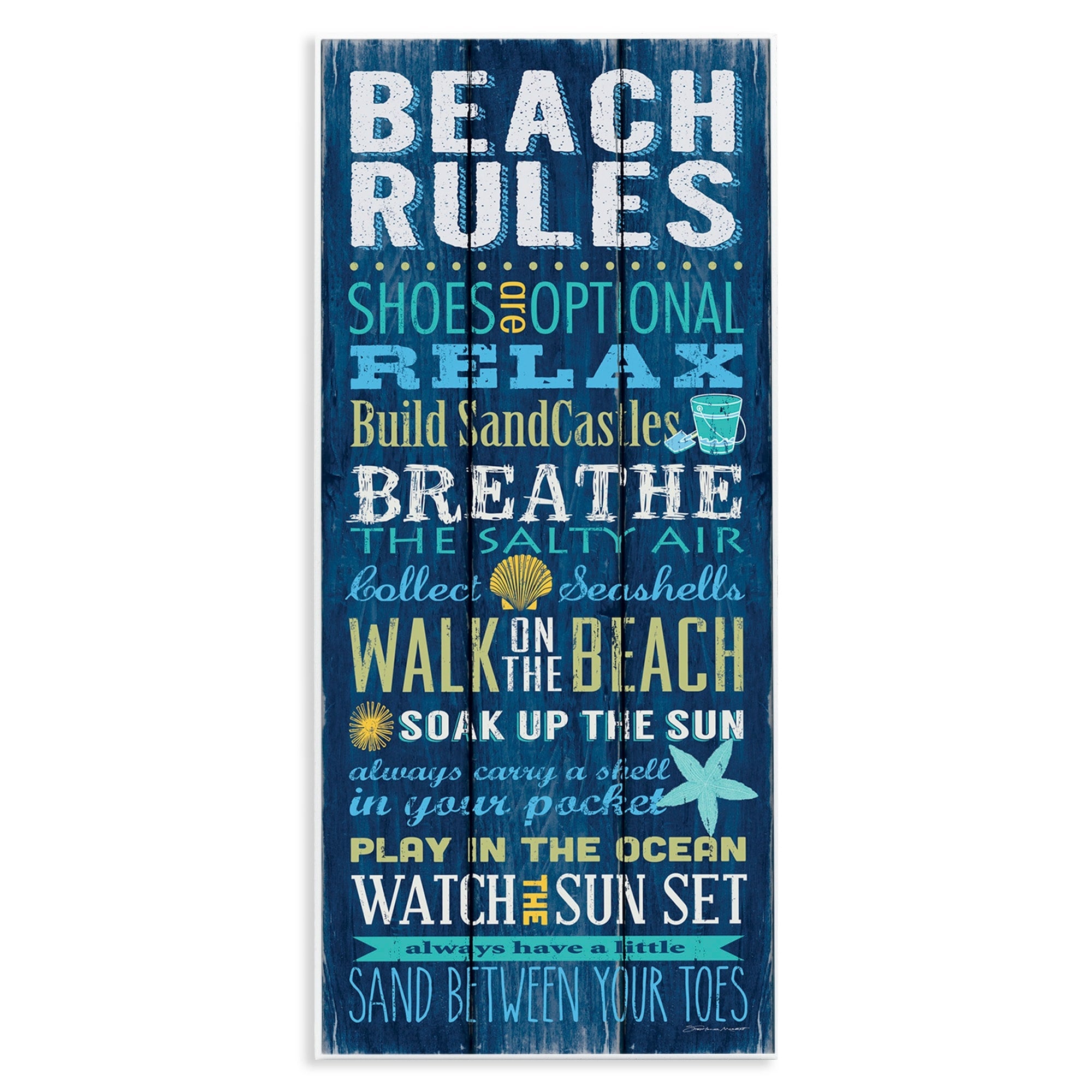 Stupell Beach Rules Sign Blue Planked Pattern Motivational Phrases Wood Wall Art - White