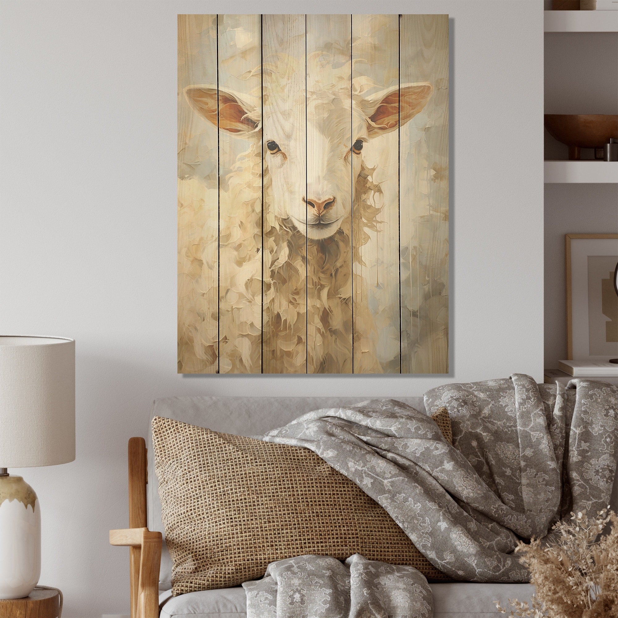 Designart Sheep Portrait Farm Wood Wall Decor - Country Beige Wood Panel On Natural Pine Wood