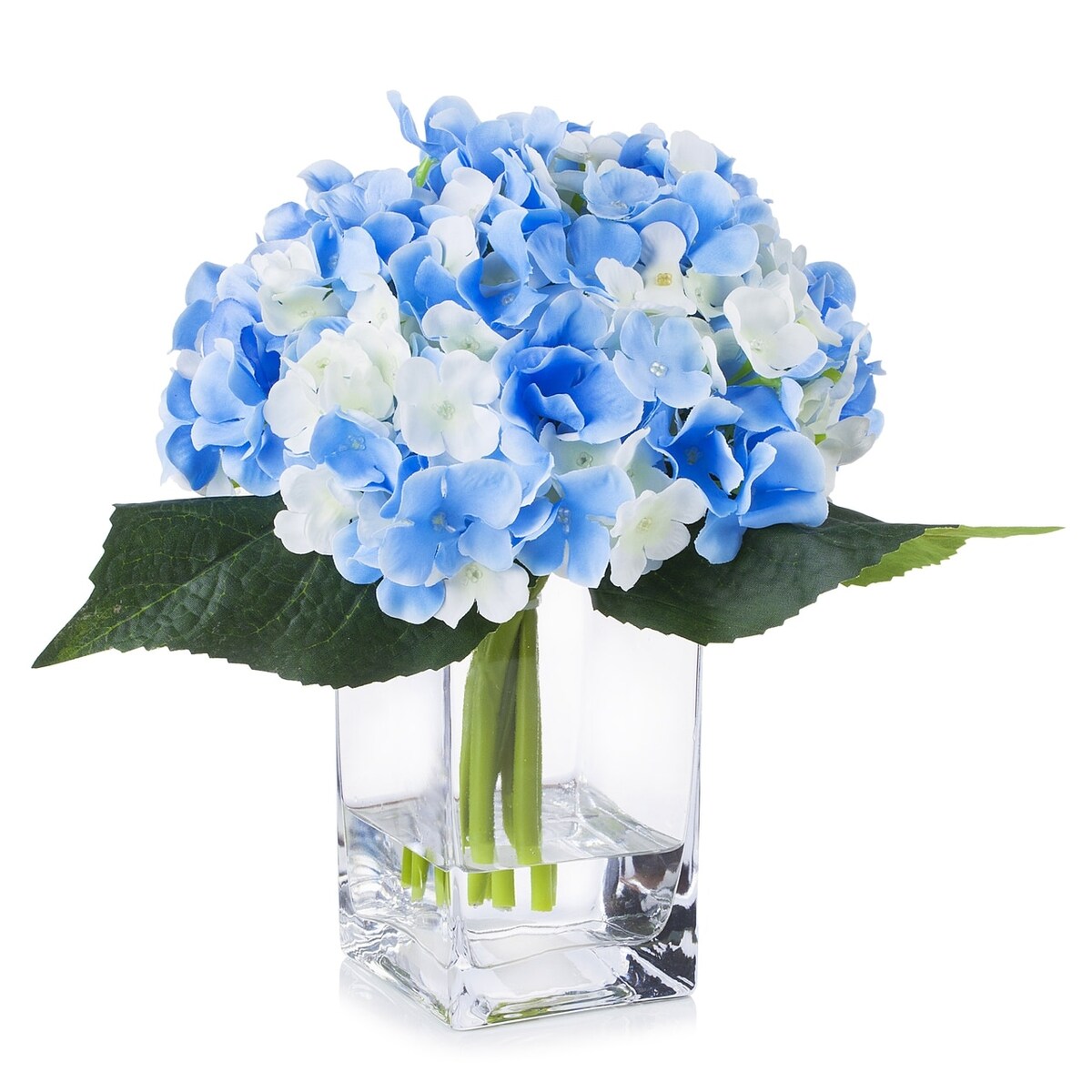 Enova Home Artificial Silk Hydrangea Fake Flowers Arrangement in Clear Glass Vase with Faux Water for Home Office Decoration