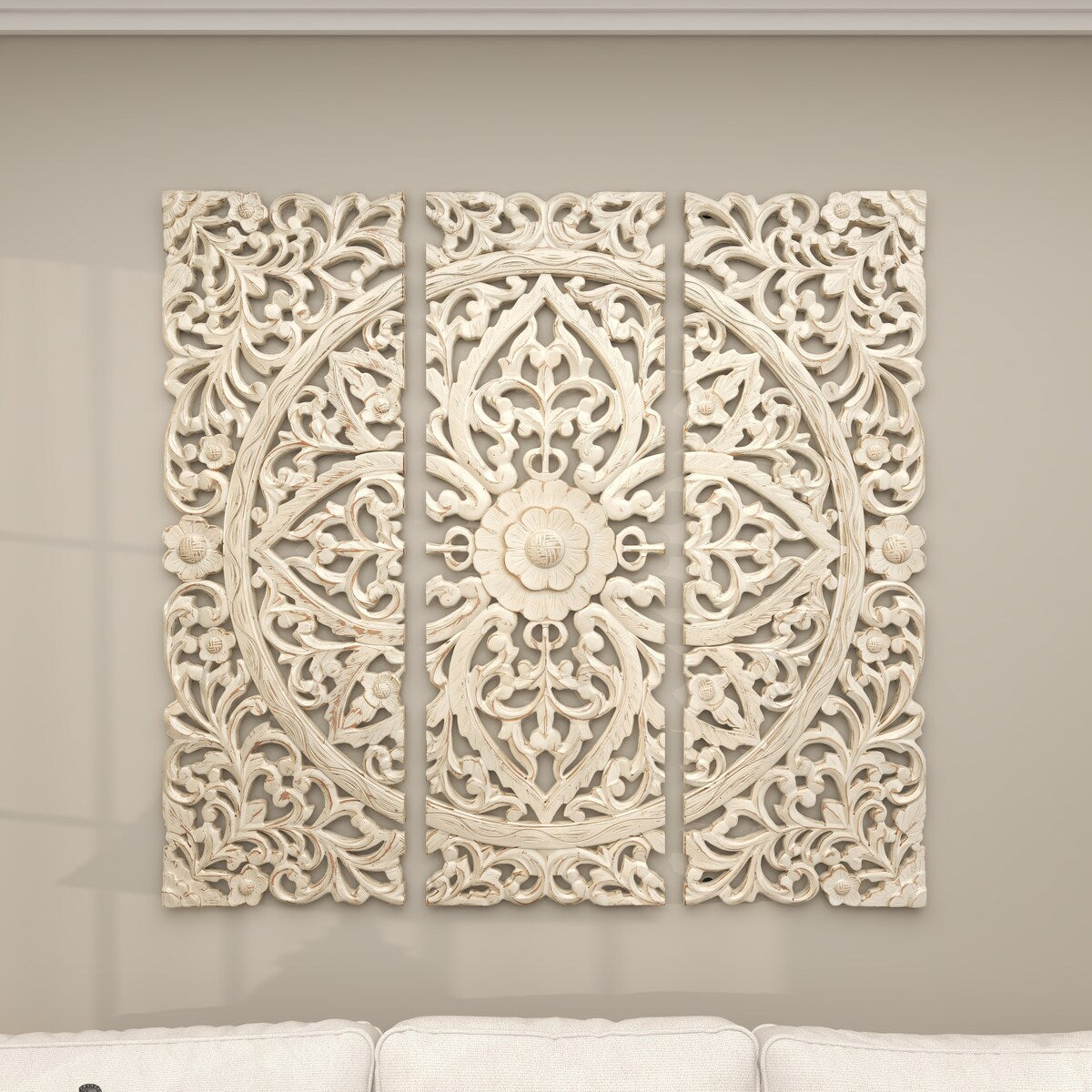 Wooden Floral Handmade Intricately Carved Home Wall Decor with Mandala Design - Set of 3 Beige - Roche River Decor