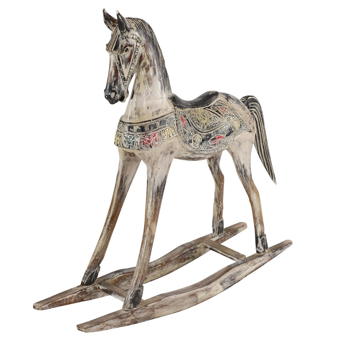 Wood Horse Rocking Decorative Sculpture with Brown Distressing and Colorful Accents - Beige - Roche River Decor