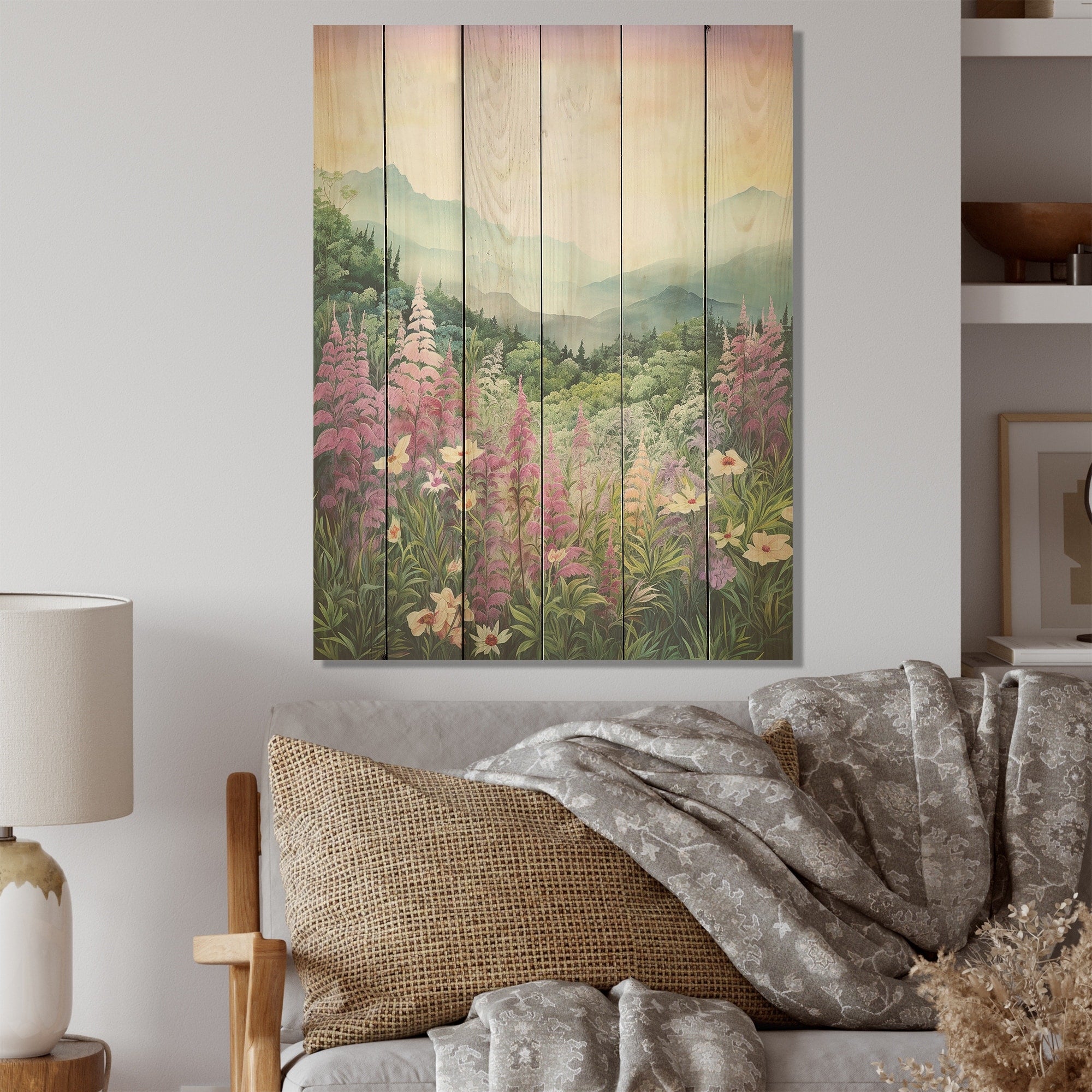 Designart Pink Ferns Hill In Canada Flowers Wood Wall Decor - Traditional Green Wood Panel On Natural Pine Wood