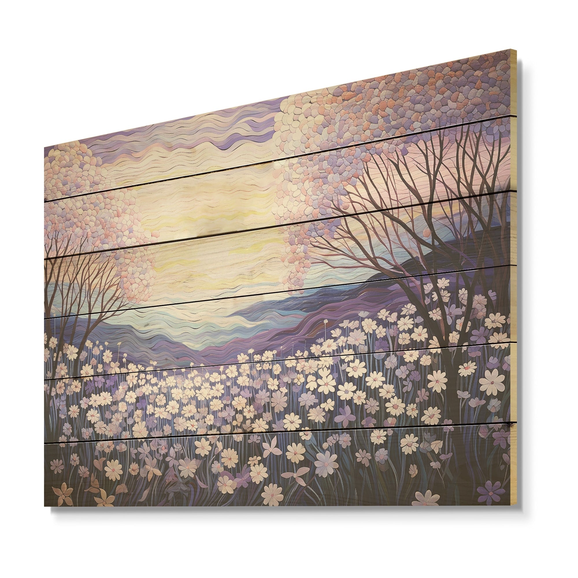 Designart Magical Lilac Flowers Field I Flower Wood Wall Decor - Traditional Purple Wood Panel On Natural Pine Wood