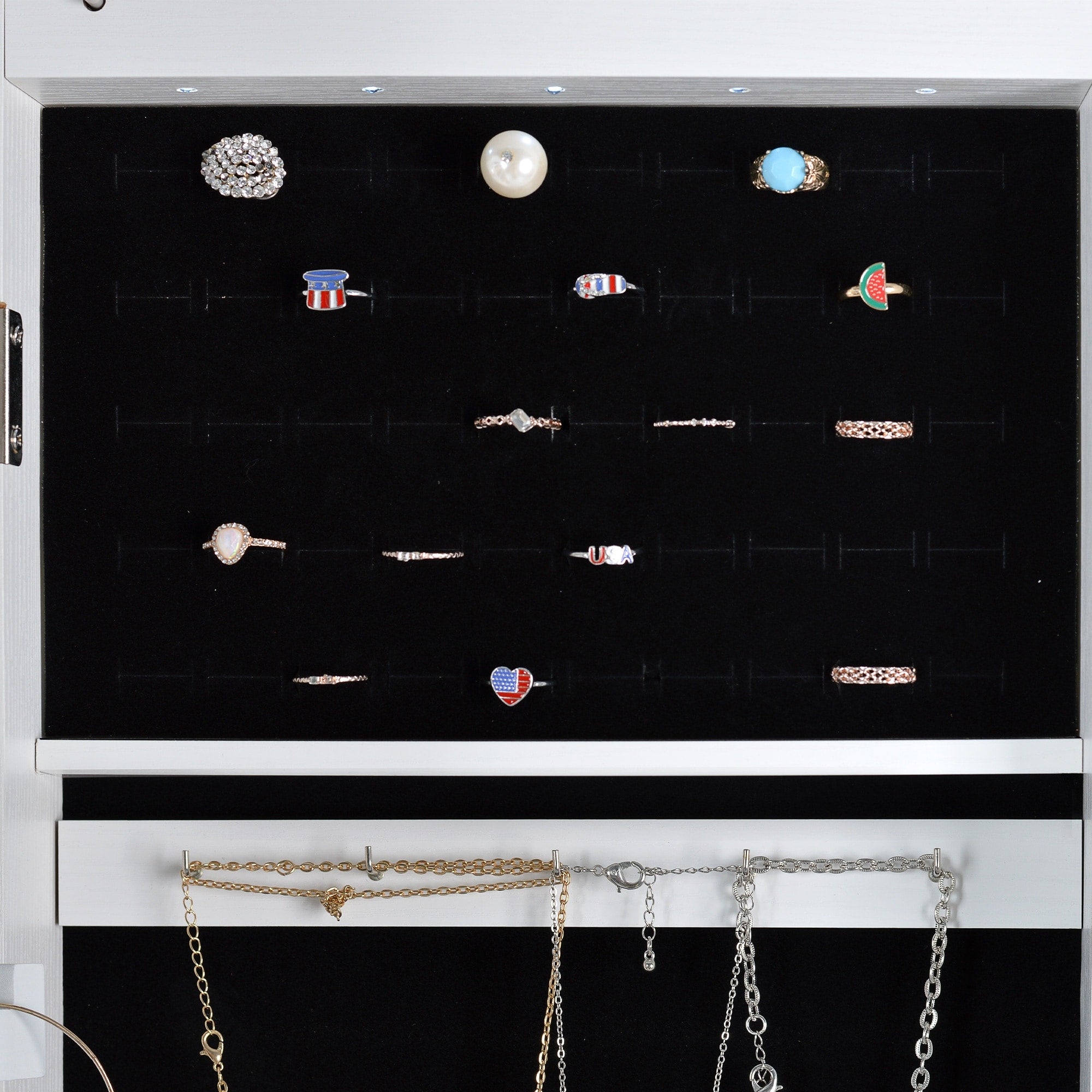 Full Mirror Jewelry Storage Cabinet with LED Light, Wall and Door Mountable