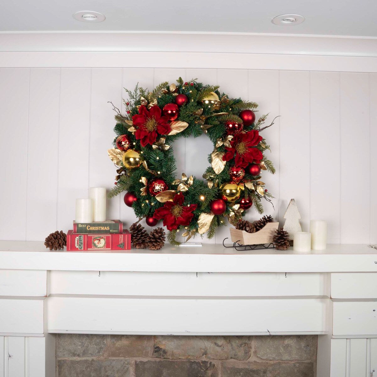 30 in. Lighted Christmas Wreath - Golden Leaf Red Magnolia - 30 Inch