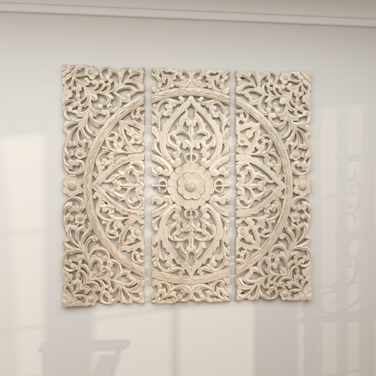 Wooden Floral Handmade Intricately Carved Home Wall Decor with Mandala Design - Set of 3 Beige - Roche River Decor