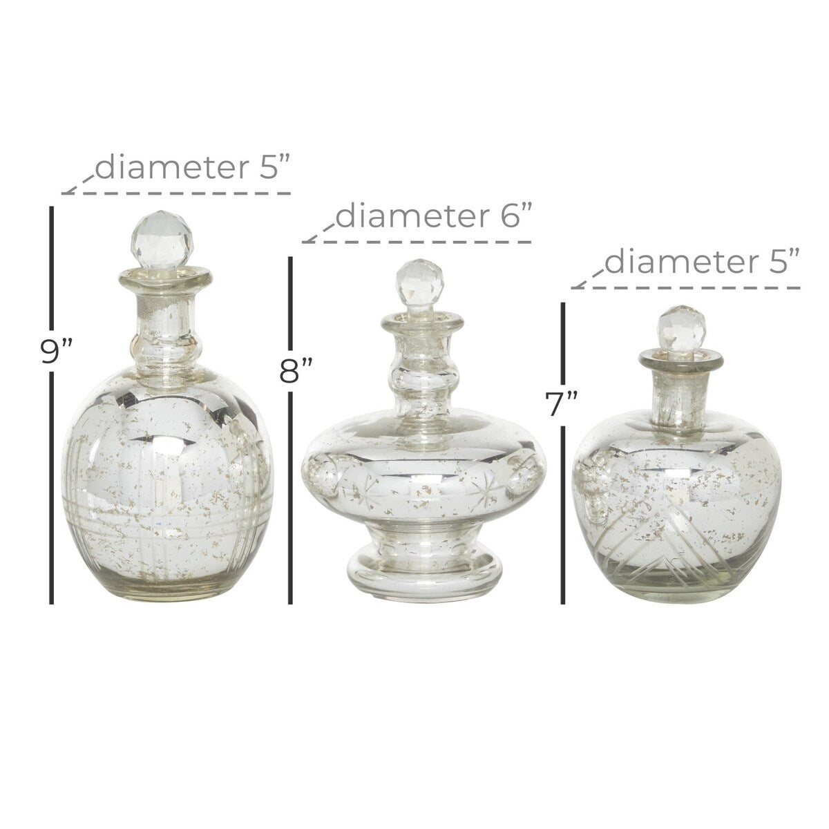 Glass Living Room Decorative Jars with Crystal Stoppers - Set of 3 Silver - Roche River Decor