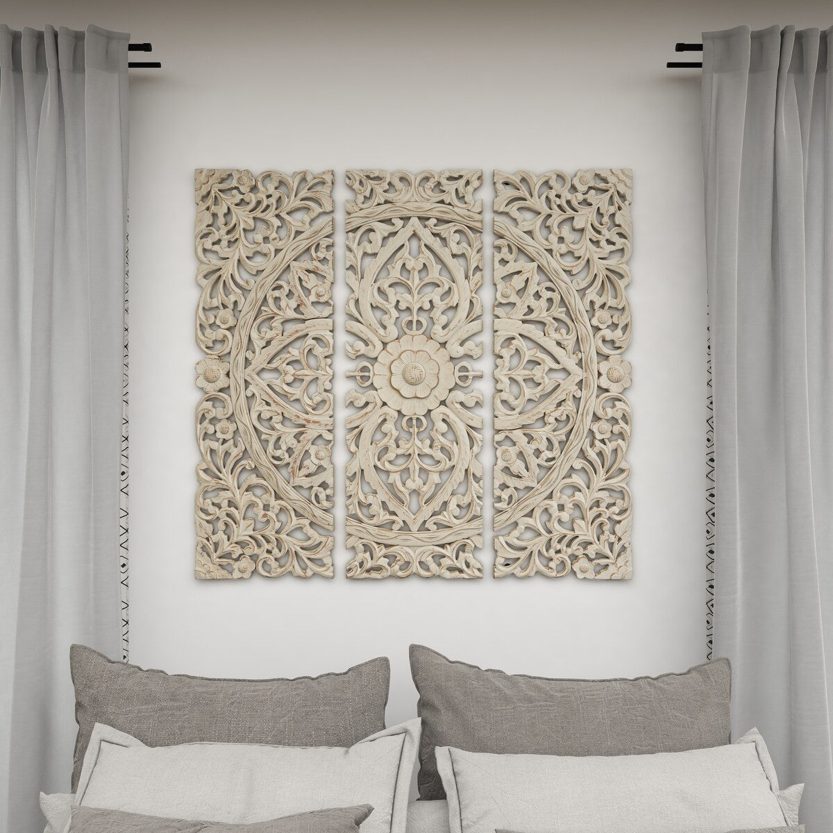 Wooden Floral Handmade Intricately Carved Home Wall Decor with Mandala Design - Set of 3 Beige - Roche River Decor