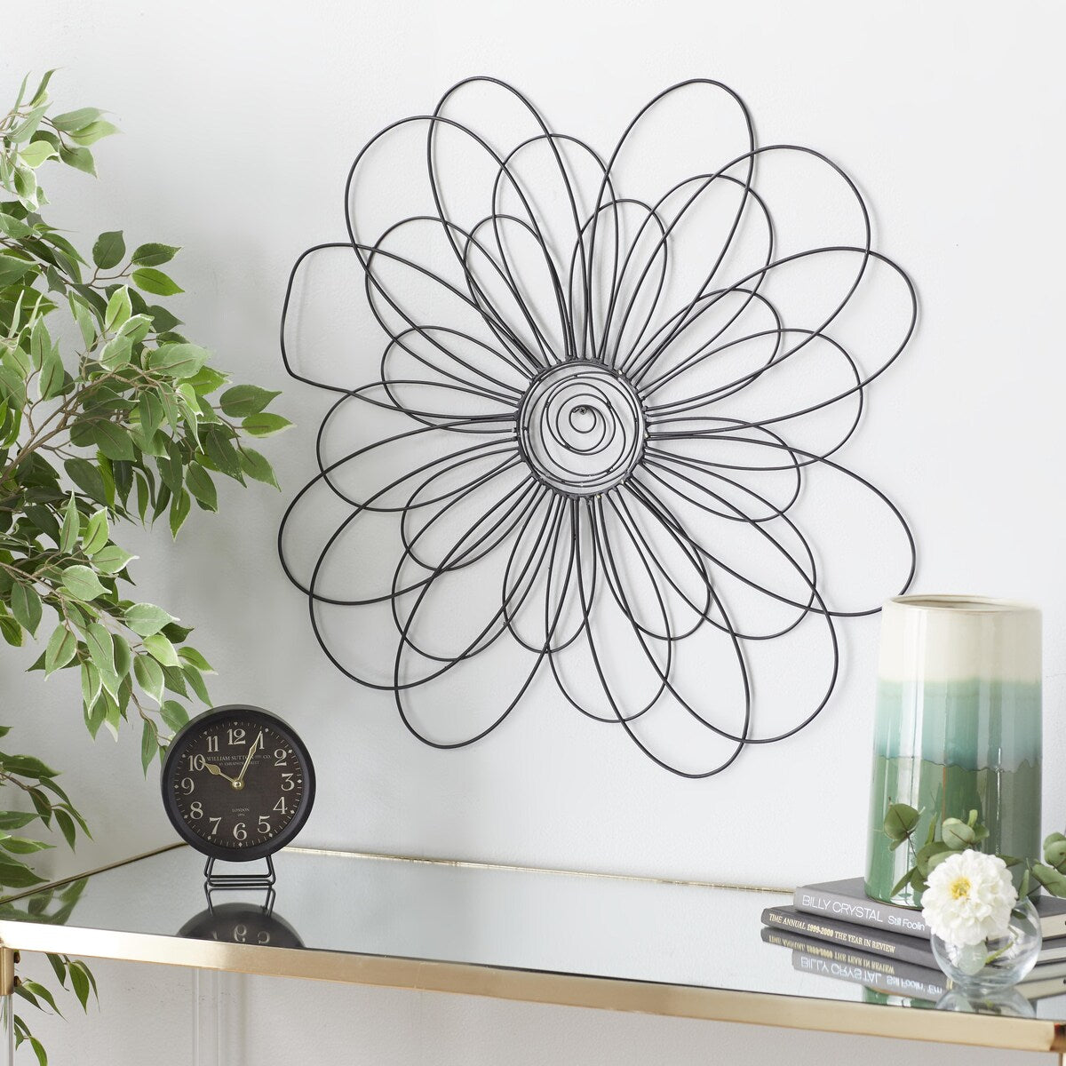 Metal Floral 3D Wire Home Wall Decor with Crystal Embellishments - Black - Roche River Decor