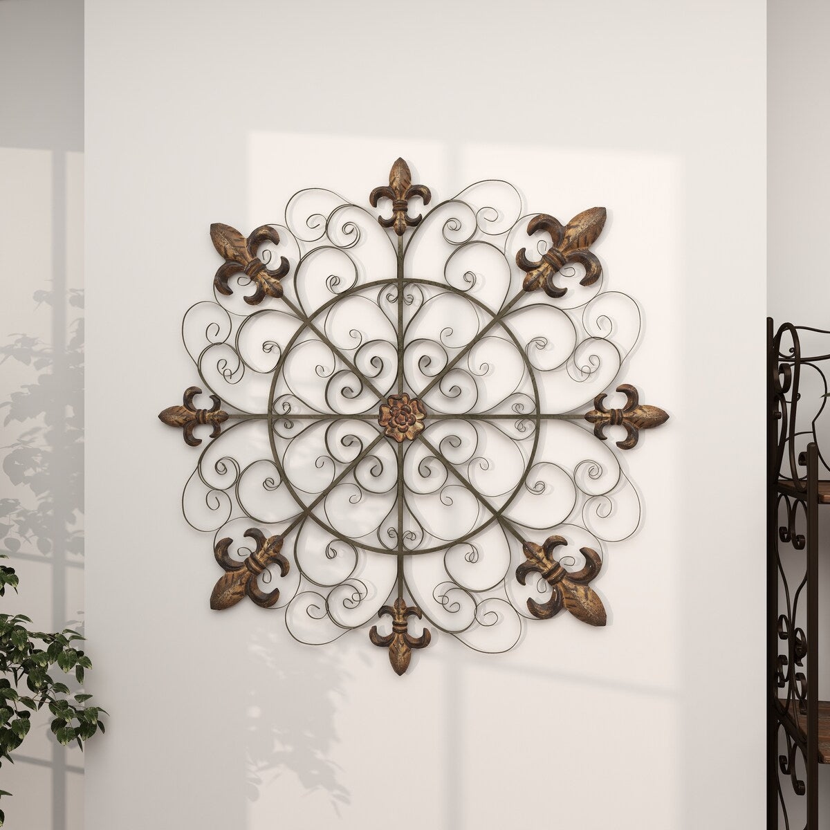 Metal Fleur De Lis Medallion Home Wall Decor with Detailed Scrollwork - Brown - Roche River Decor