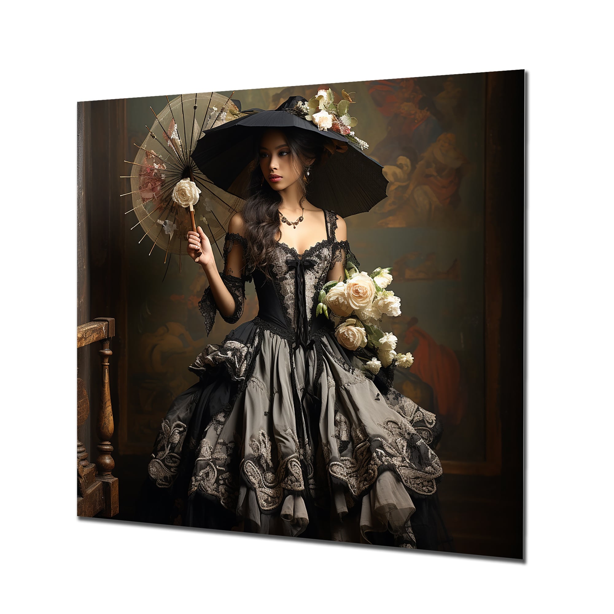 Designart Pink And Black Victorian Asian Woman Portrait Victorian Woman Pink Metal Wall Art - Modern Metal Art Work