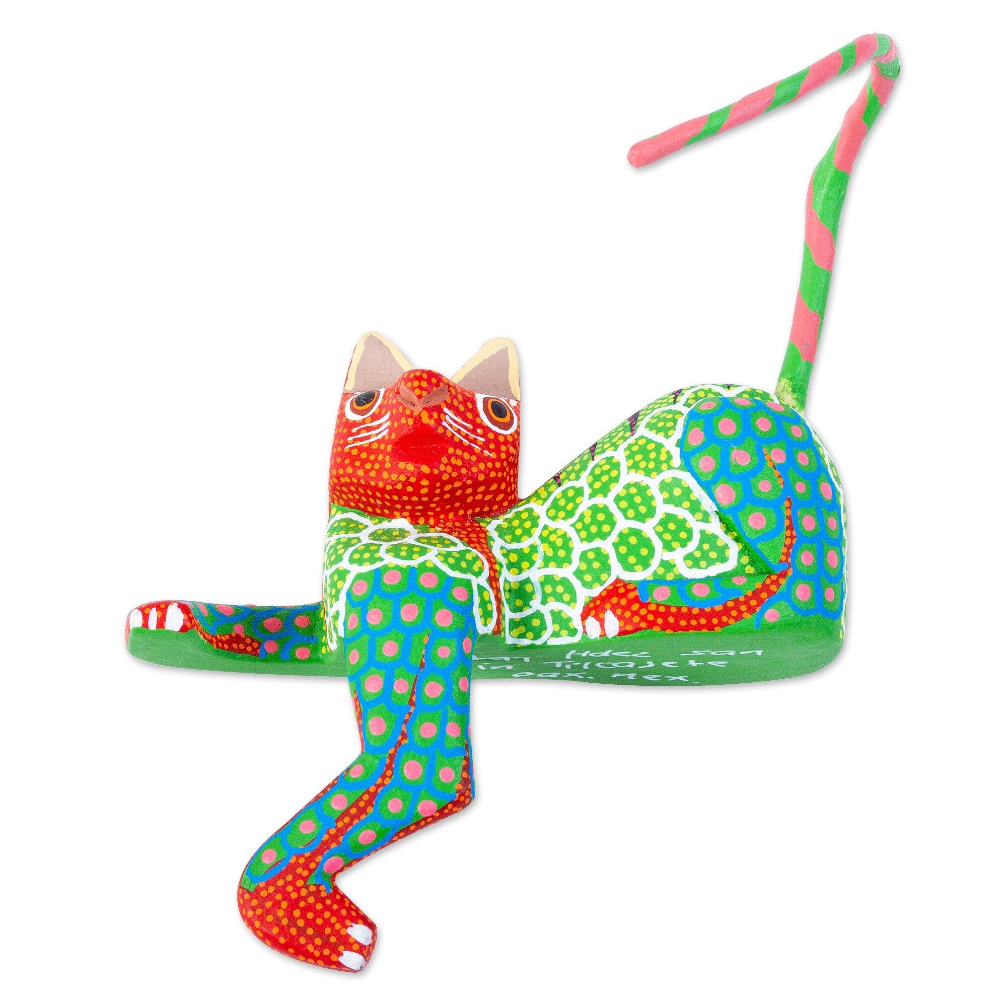 Novica Handmade Lounging Cat In Green Wood Alebrije Figurine