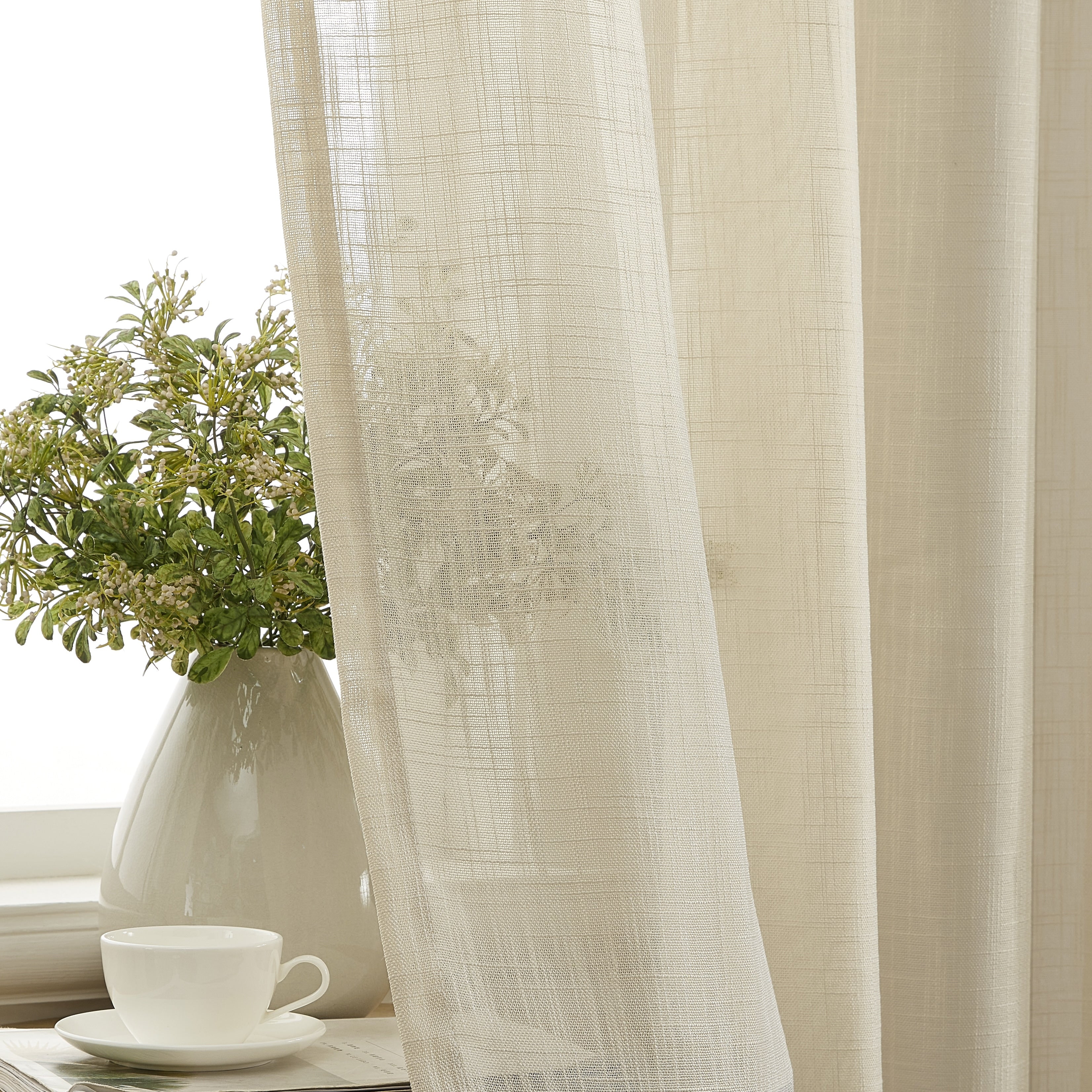 HLC.me Abbey Faux Linen Textured Semi Sheer Privacy Light Filtering Transparent Window Grommet Curtain Panels, Pair