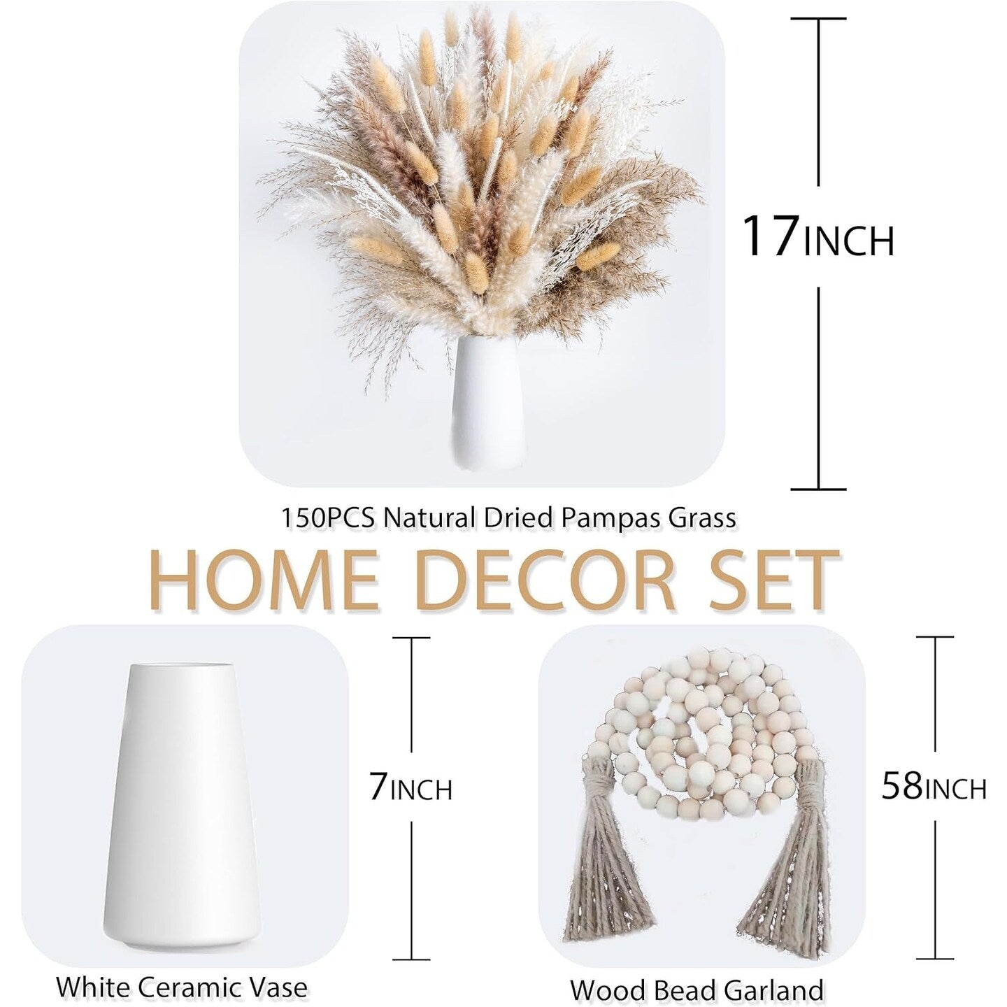 150pcs pampas grass + 1 white ceramic vase + 1 wood Bead garland - 150PCS+VASE+WOOD BEAD