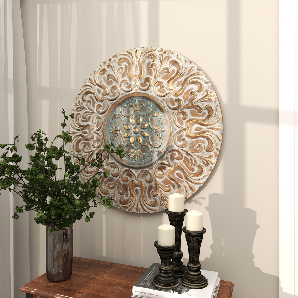 Metal Plate Home Wall Decor with Embossed Details - Gold - Roche River Decor