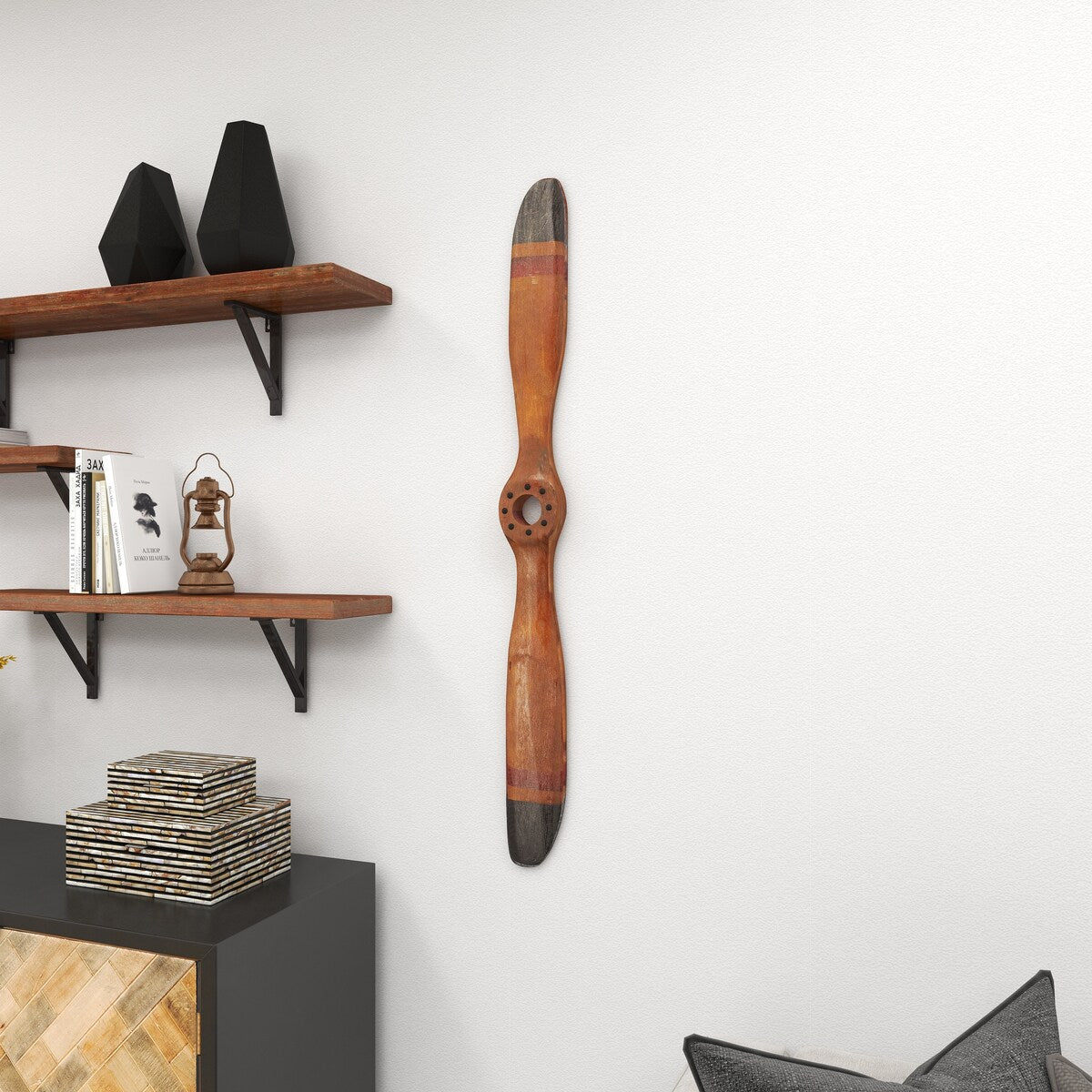 Wood Airplane Propeller 2 Blade Home Wall Decor with Aviation Detailing - Brown - Roche River Decor