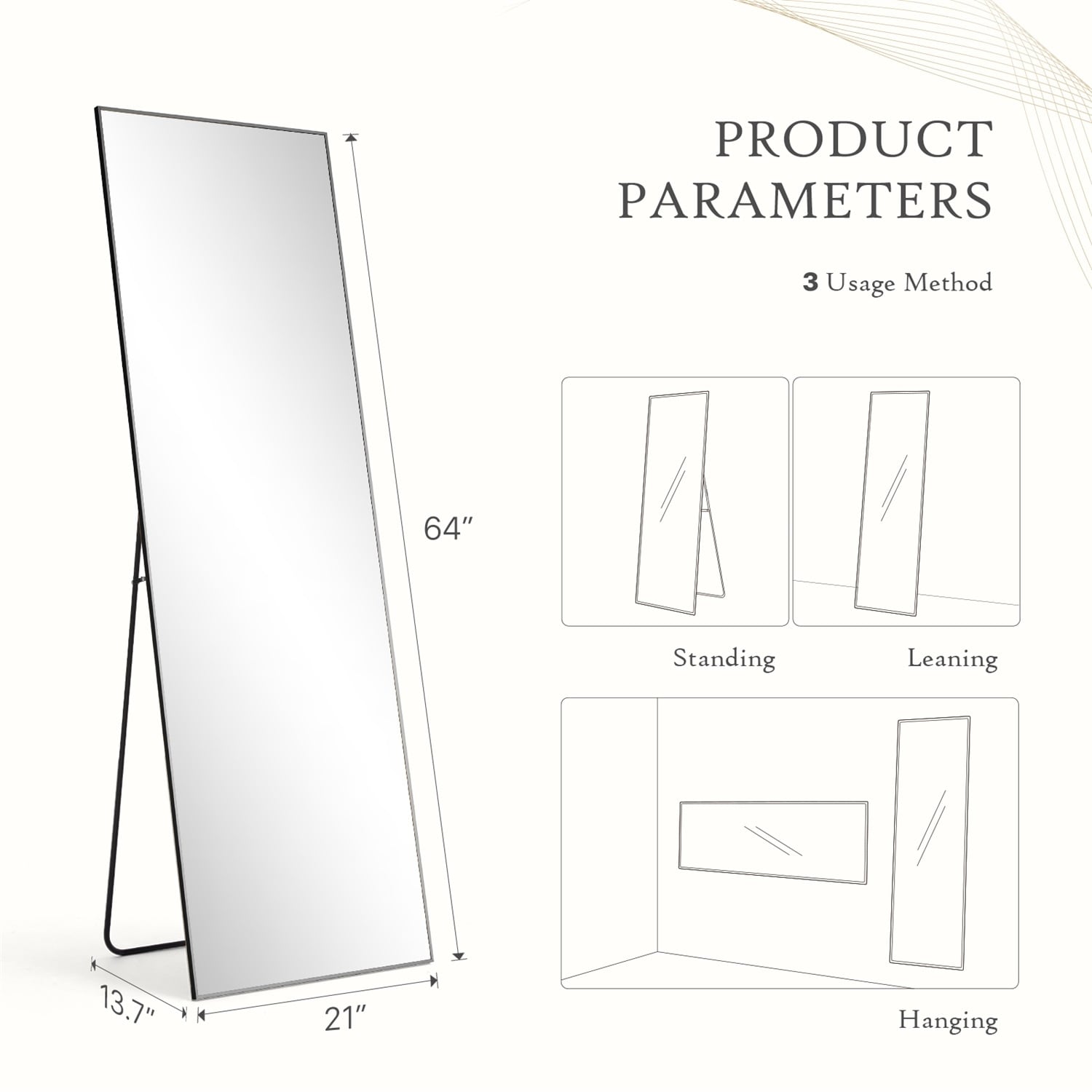 Full Length Mirror with Stand, Floor Mirror with Aluminum Alloy Frame for Bedroom, Standing Full Body Mirror for Wall, Cloakroom