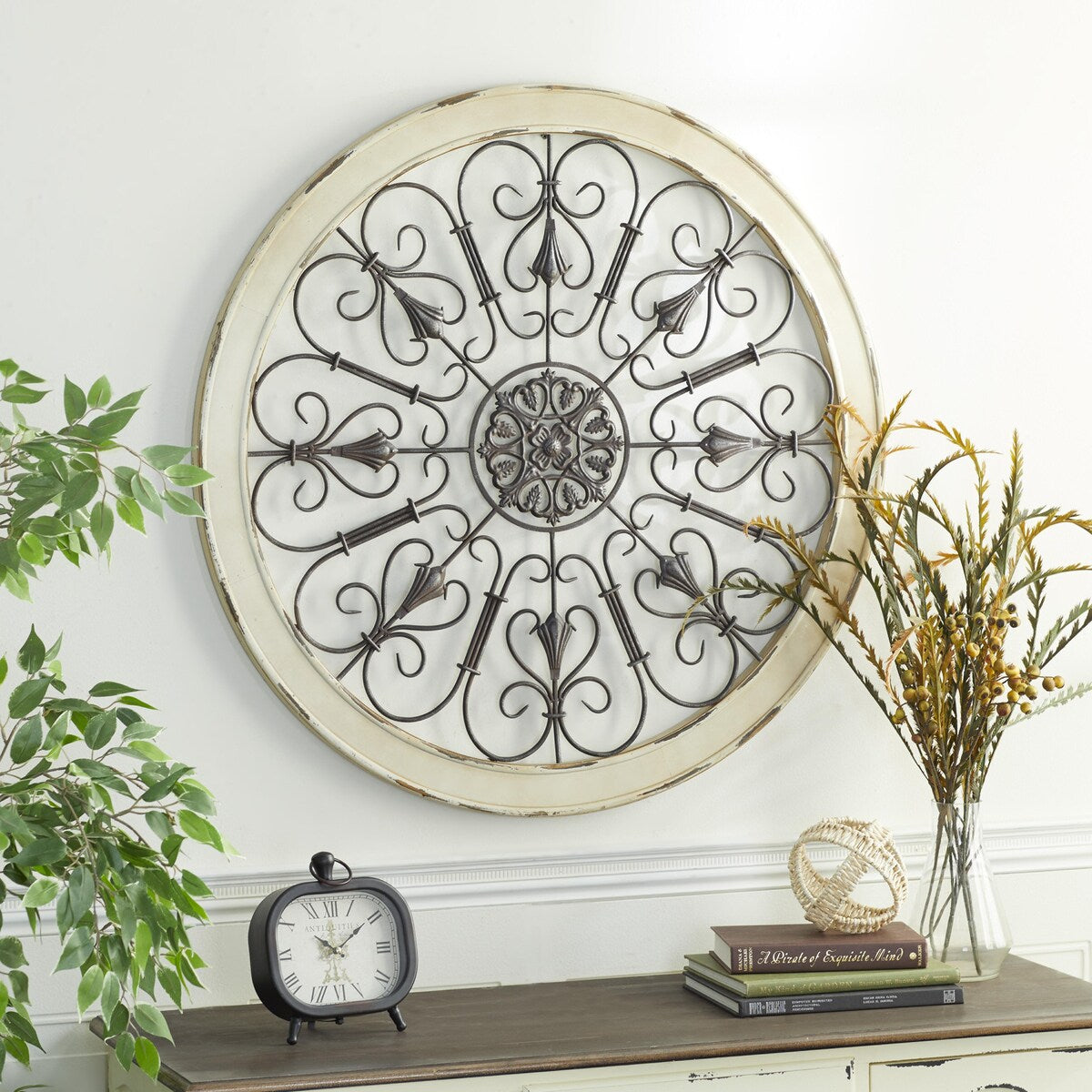 Wood Scroll Window Inspired Home Wall Decor with Metal Scrollwork Relief - White - Roche River Decor