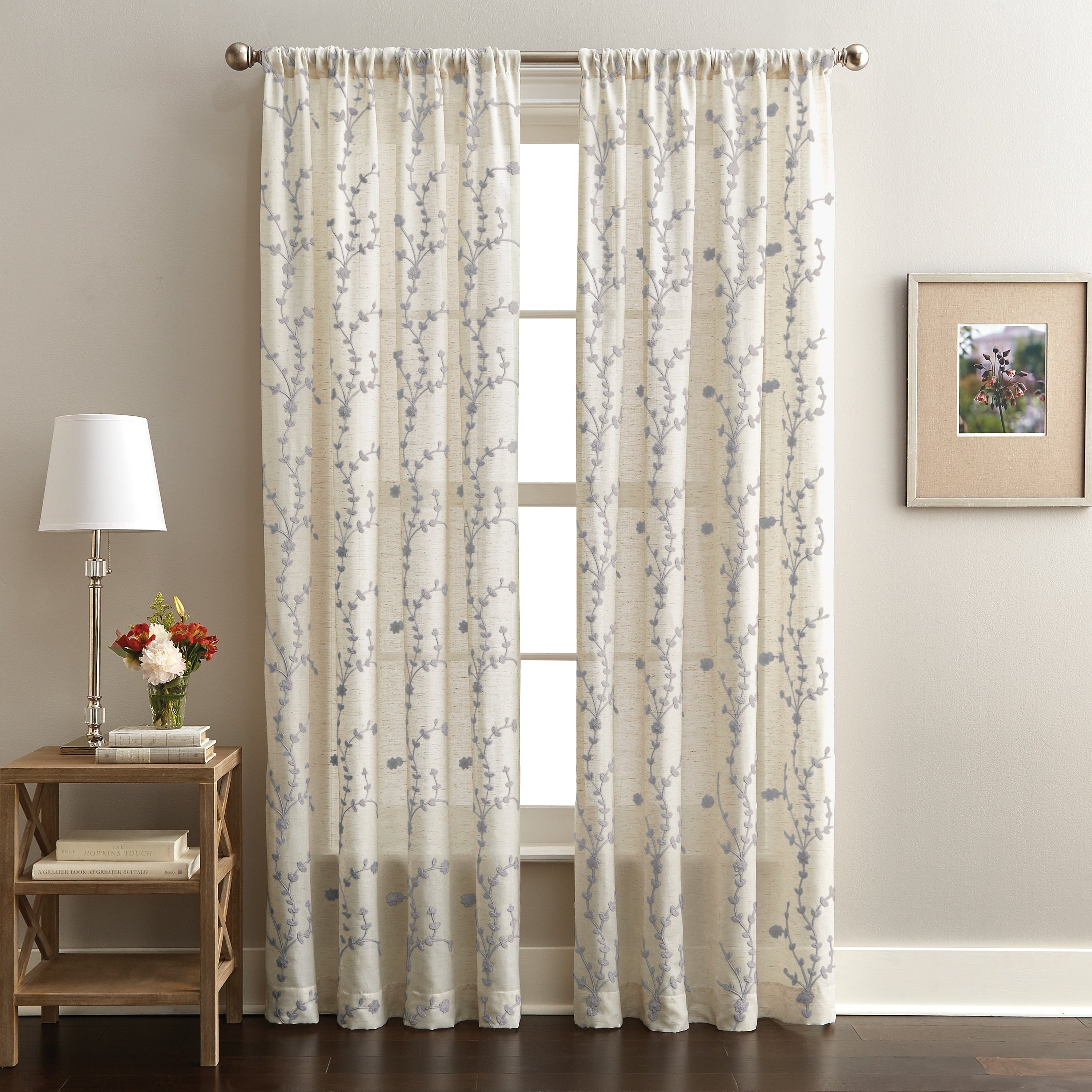 Lynette Floral Embroidered Rod Pocket Curtain Panel