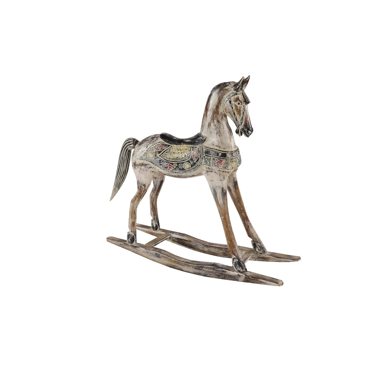 Wood Horse Rocking Decorative Sculpture with Brown Distressing and Colorful Accents - Beige - Roche River Decor