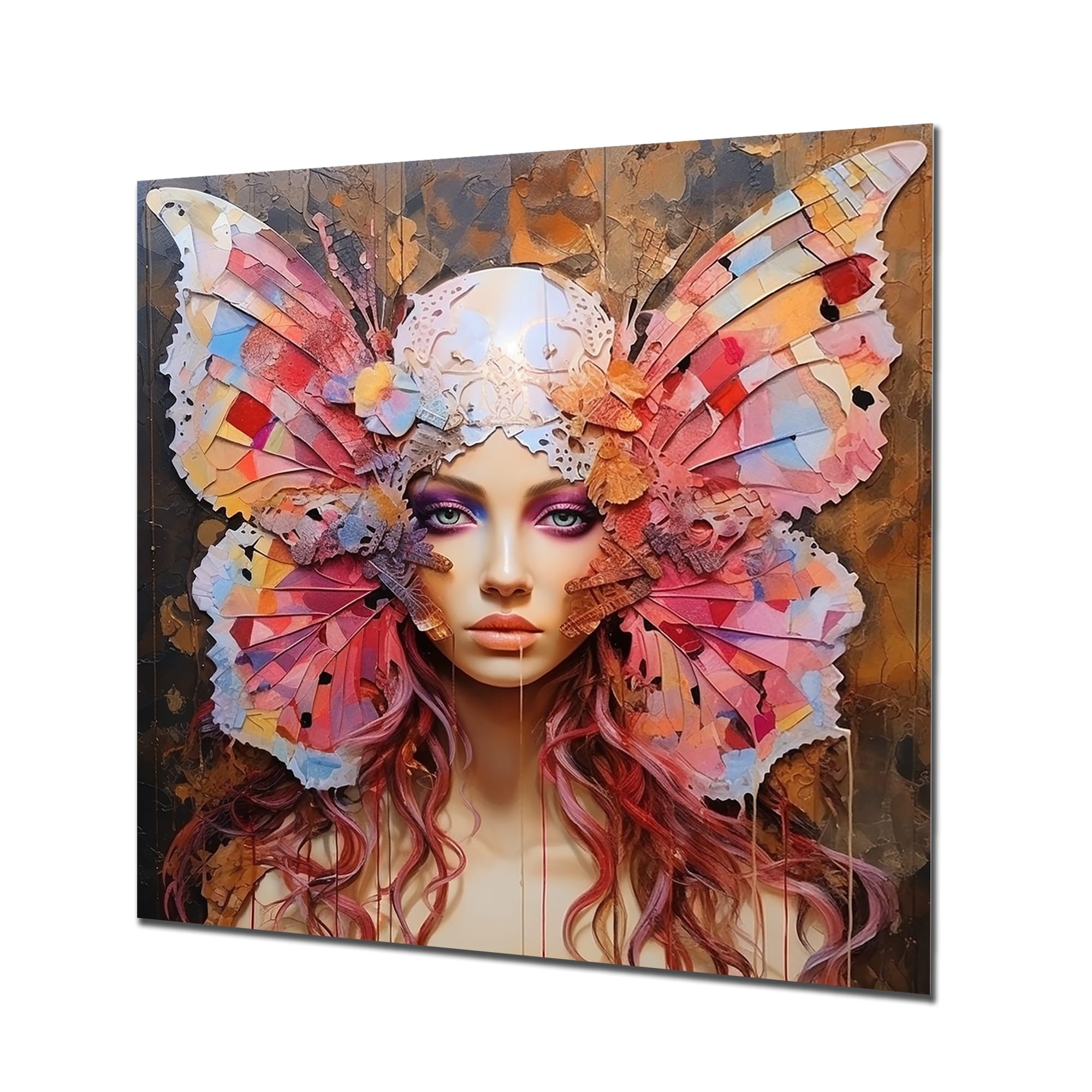 Designart Pink Butterfly Glamour Woman Portrait I Woman Glam Metal Wall Art Pink Metal Wall Décor Glam Metal Art Work