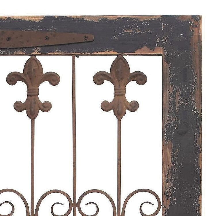 Wood Scroll Distressed Door Inspired Ornamental Home Wall Decor with Metal Wire Details - Brown - Roche River Decor