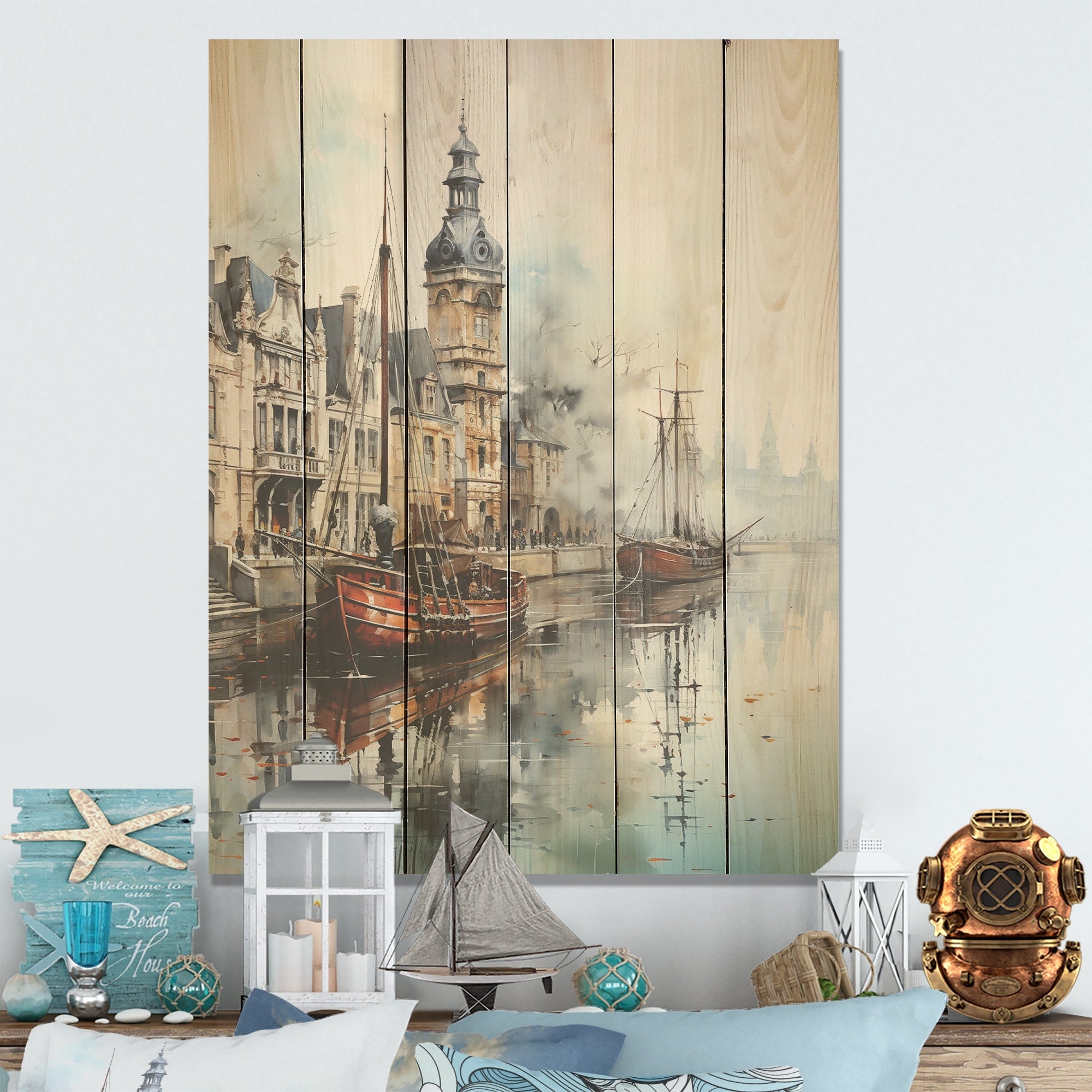 Designart Old Shipping Boat At The Port I Coastal Port Wood Wall Decor - Traditional Wood Panel On Natural Pine Wood