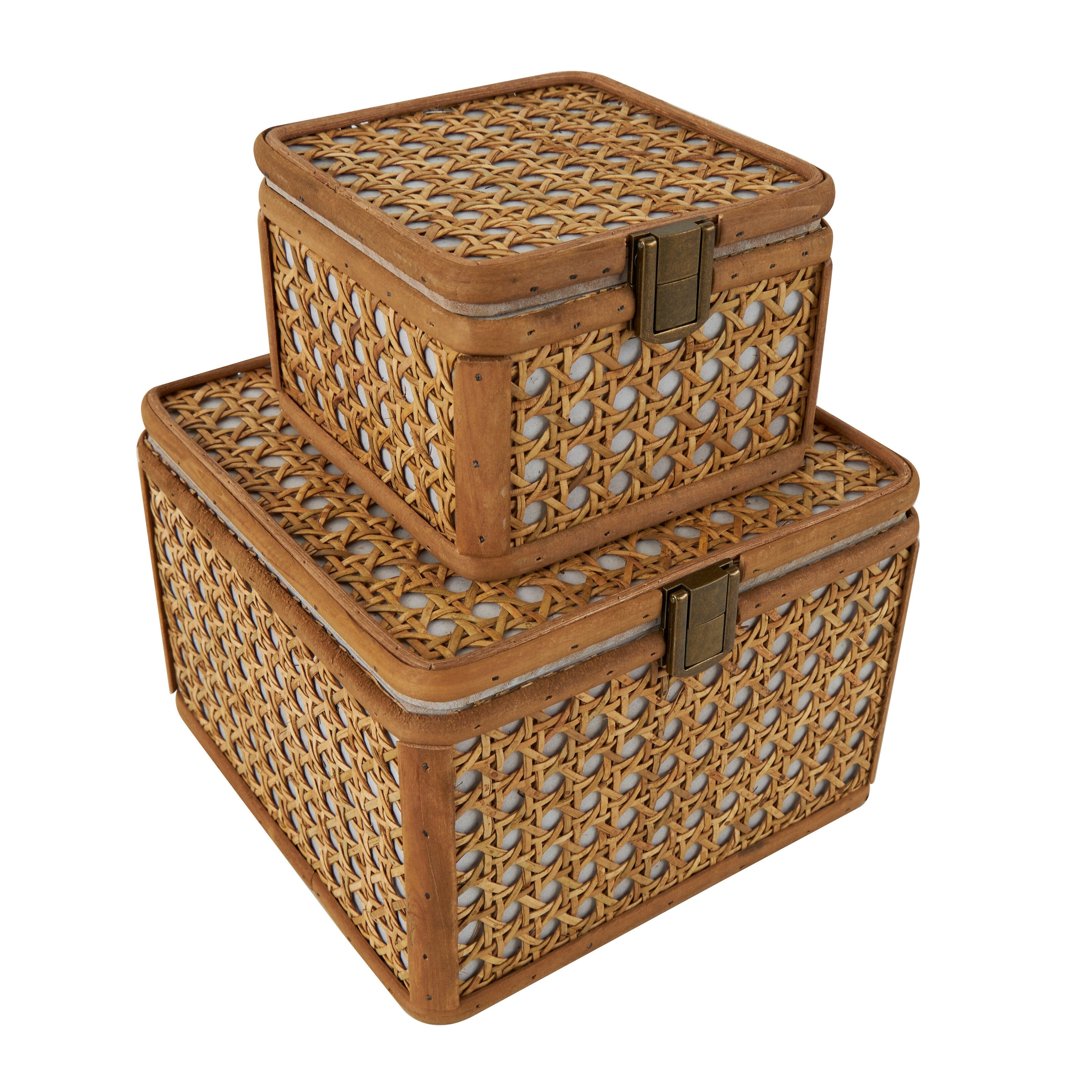 Brown Rattan Handmade Woven Rattan Decorative Box with Bronze Latches (Set of 2)