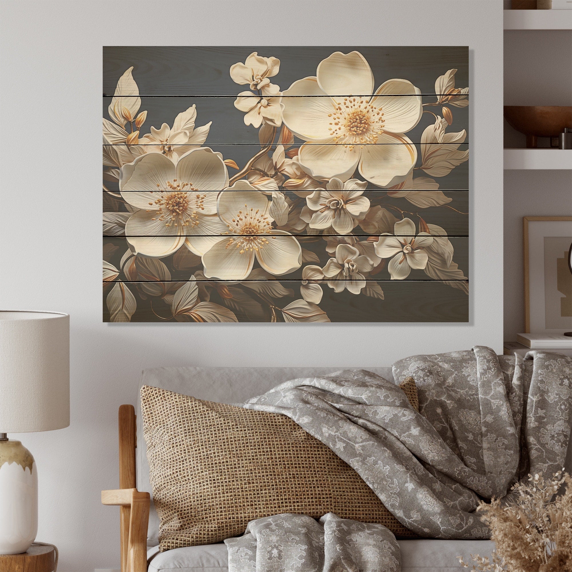 Designart Gilded White Dogwood Tranquility I Dogwood Wood Wall Decor - Traditional Wood Panel On Natural Pine Wood