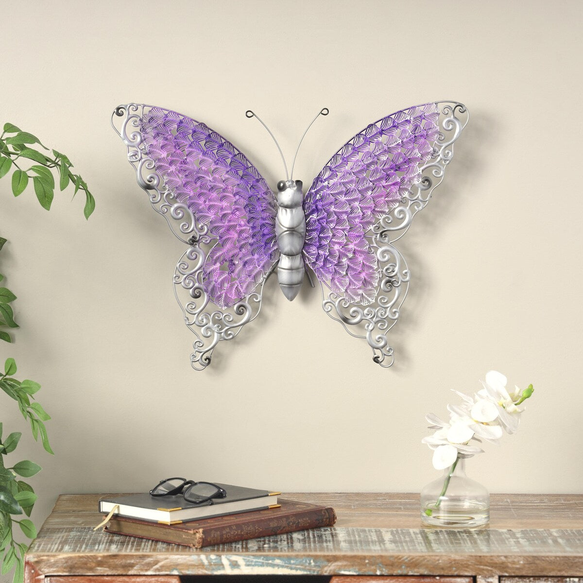 Metal Butterfly Indoor Outdoor Home Wall Decor - Silver, Green, Pink - Roche River Decor