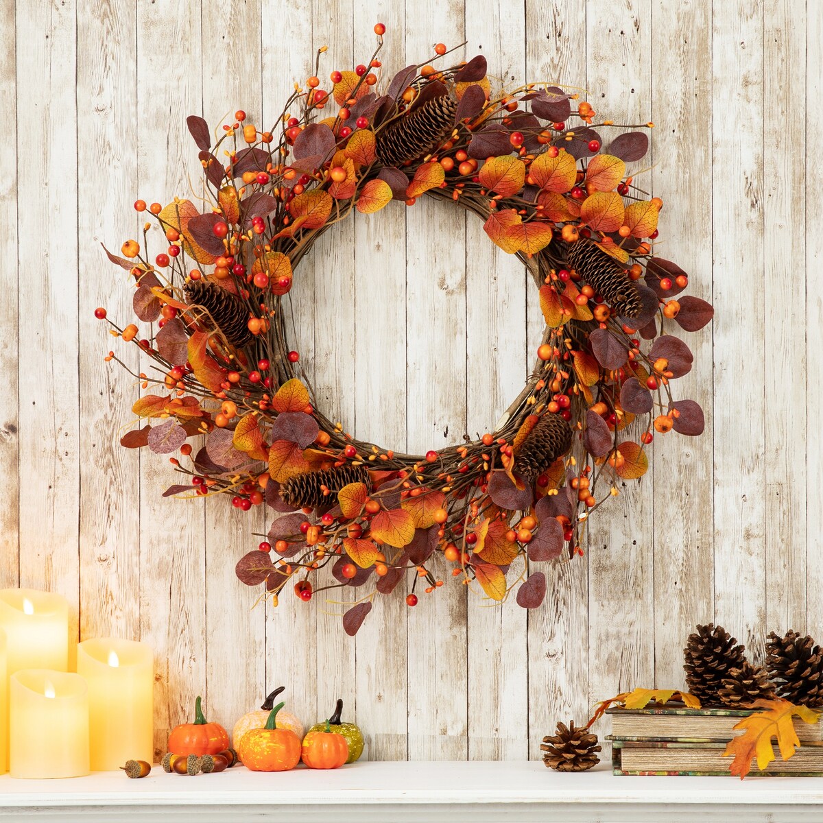 Glitzhome 22D Fall Eucalyptus Berry Wreath for Thanksgiving